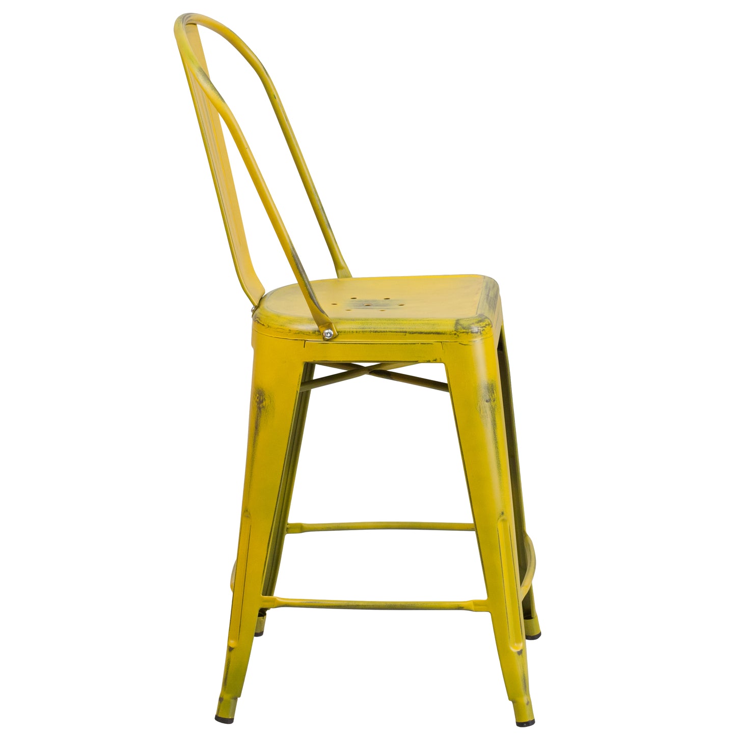 Carly Commercial Grade 24" High Distressed Yellow Metal Indoor-Outdoor Counter Height Stool with Back Yellow