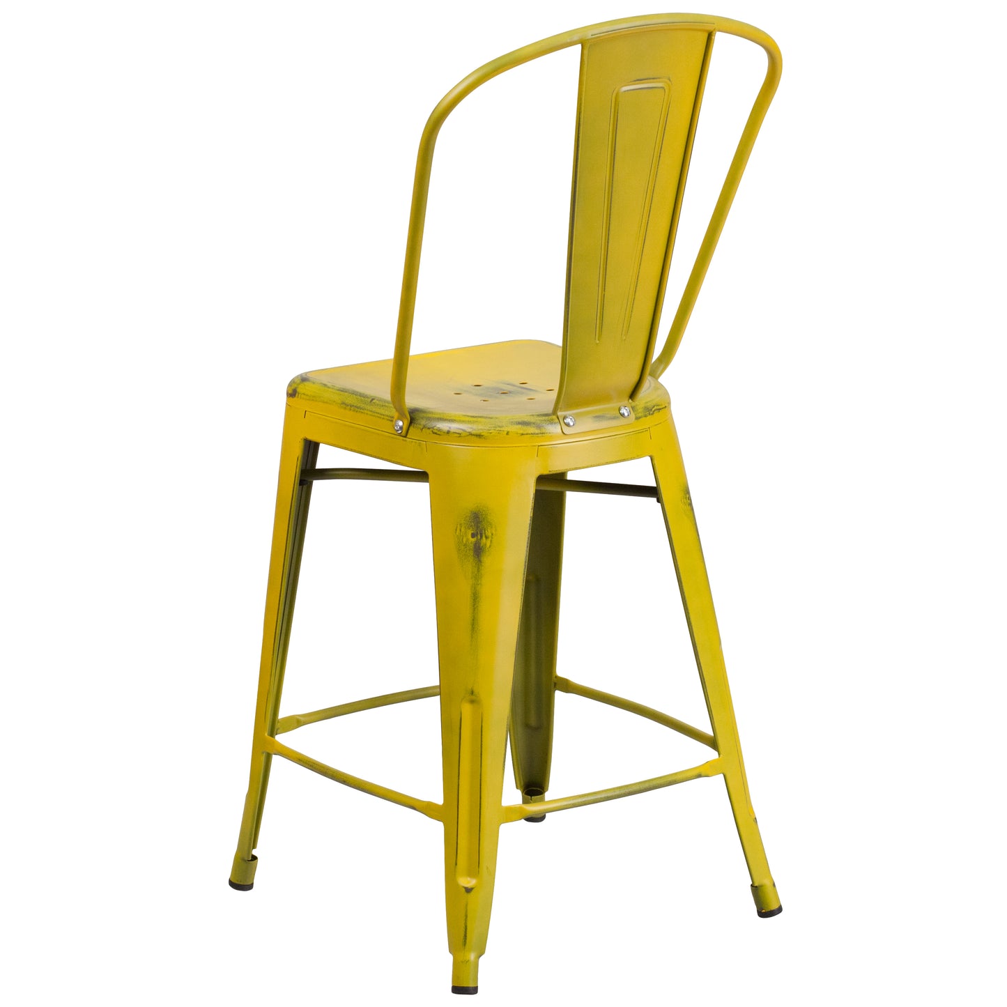 Carly Commercial Grade 24" High Distressed Yellow Metal Indoor-Outdoor Counter Height Stool with Back Yellow