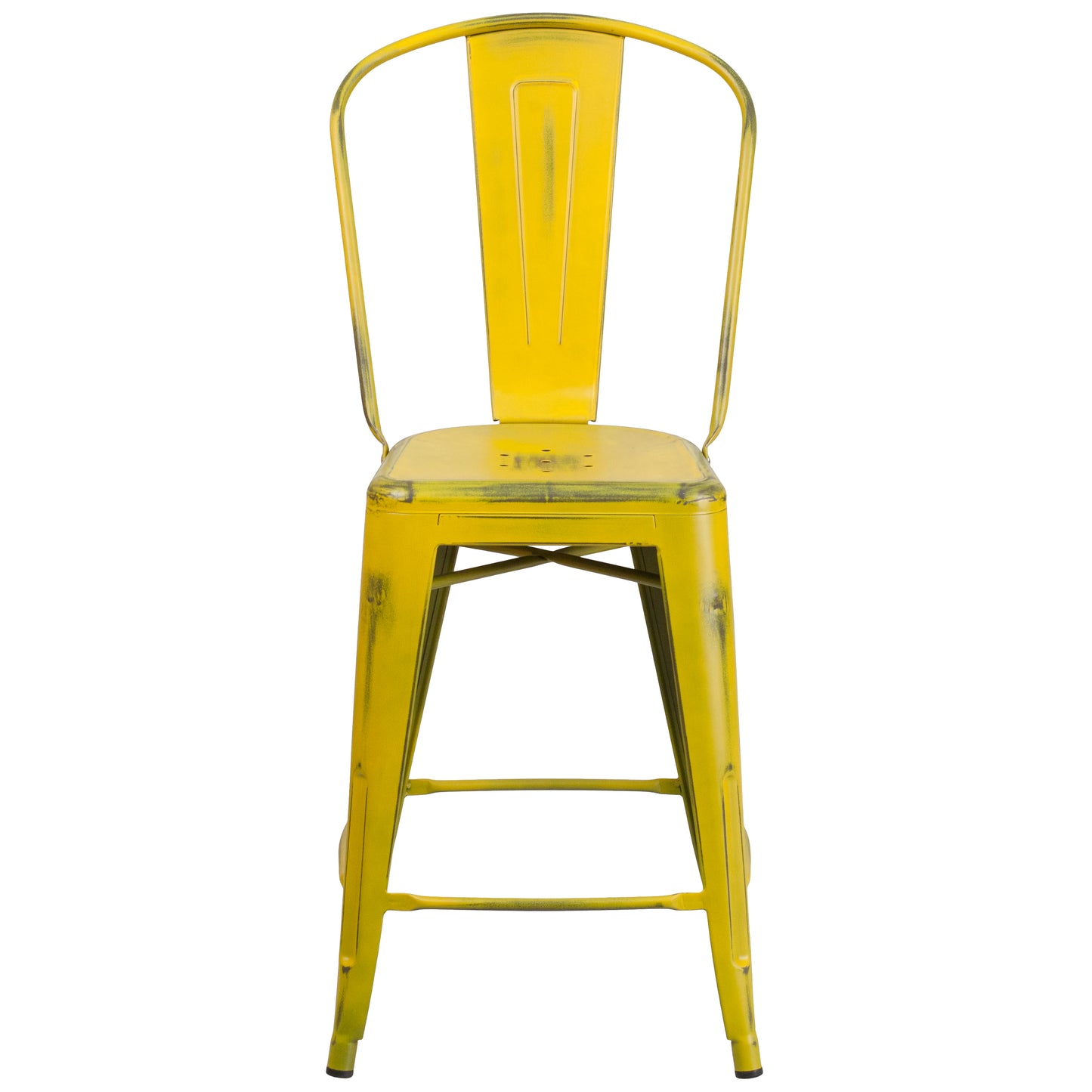 Carly Commercial Grade 24" High Distressed Yellow Metal Indoor-Outdoor Counter Height Stool with Back Yellow