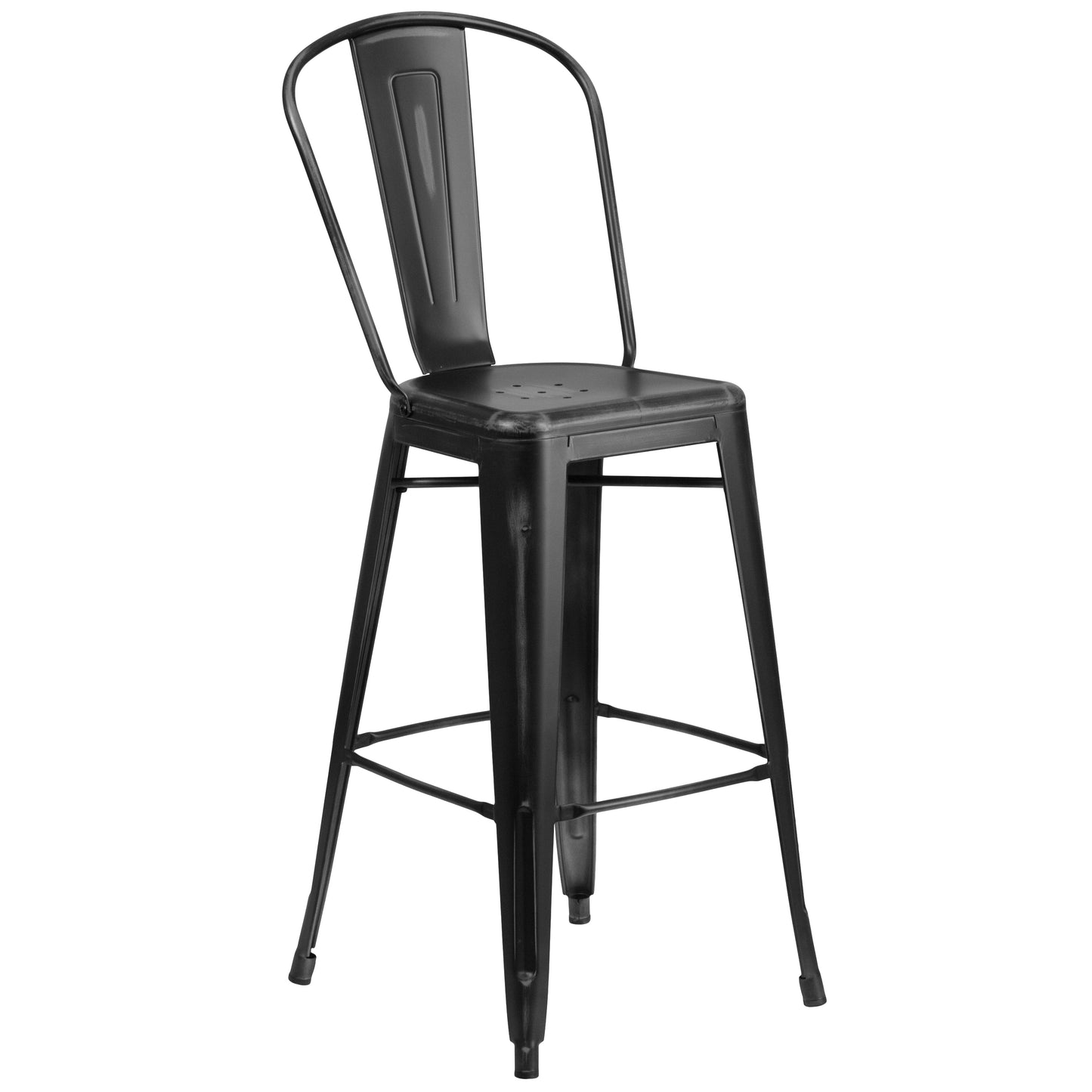 Cindy Commercial Grade 30" High Distressed Black Metal Indoor-Outdoor Barstool with Back Black