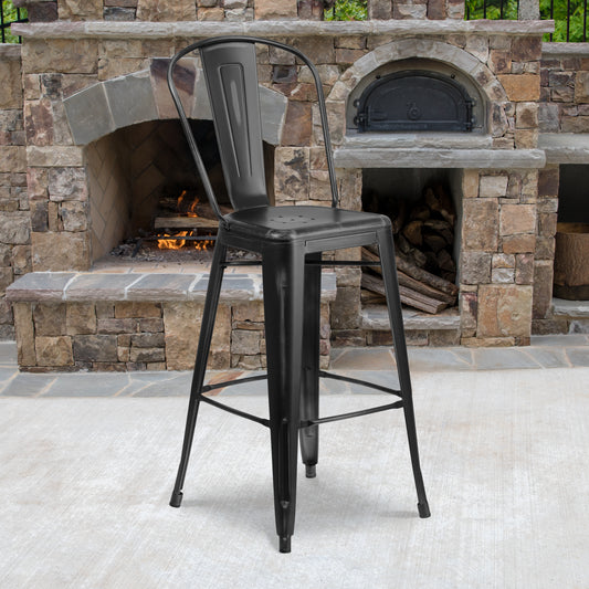 Cindy Commercial Grade 30" High Distressed Black Metal Indoor-Outdoor Barstool with Back Black