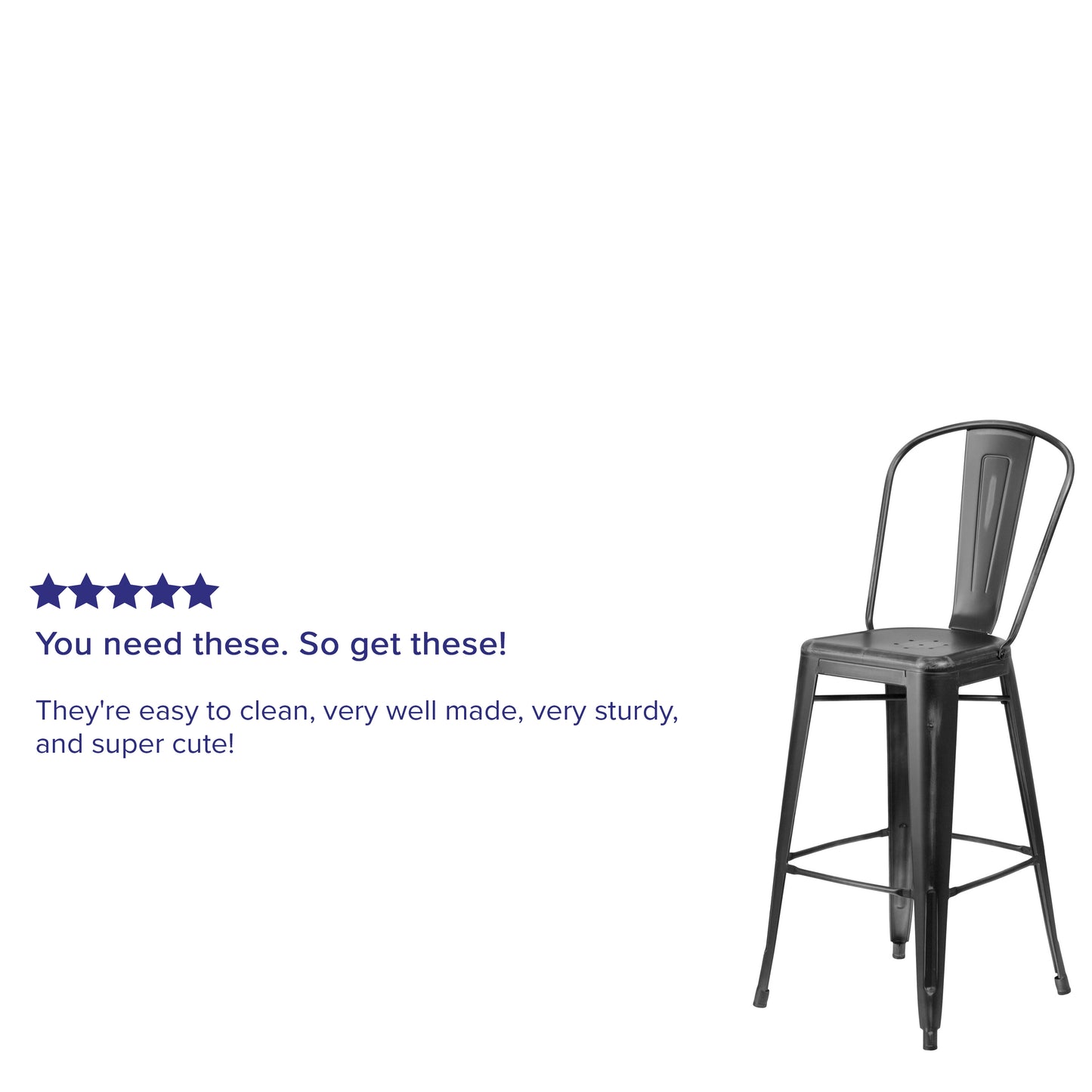Cindy Commercial Grade 30" High Distressed Black Metal Indoor-Outdoor Barstool with Back Black