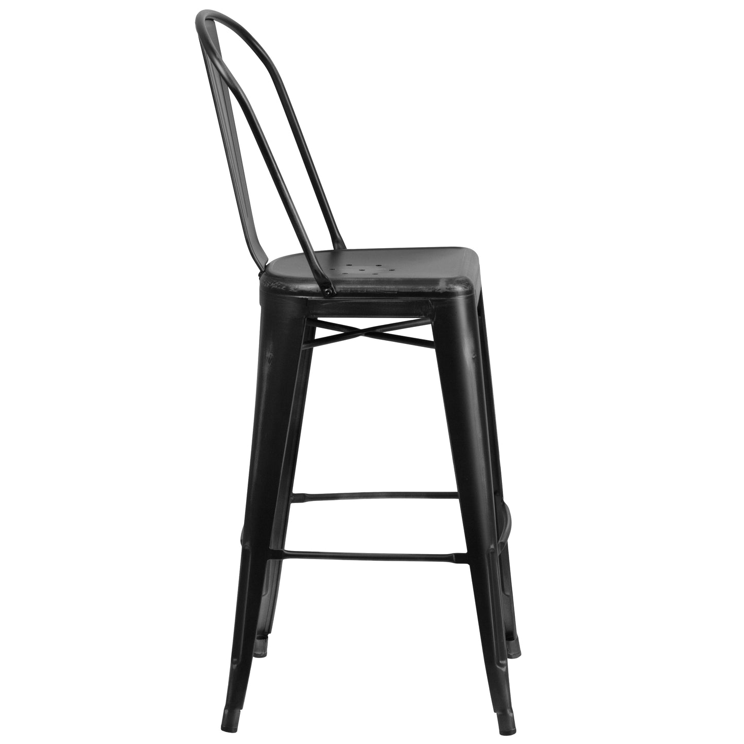 Cindy Commercial Grade 30" High Distressed Black Metal Indoor-Outdoor Barstool with Back Black
