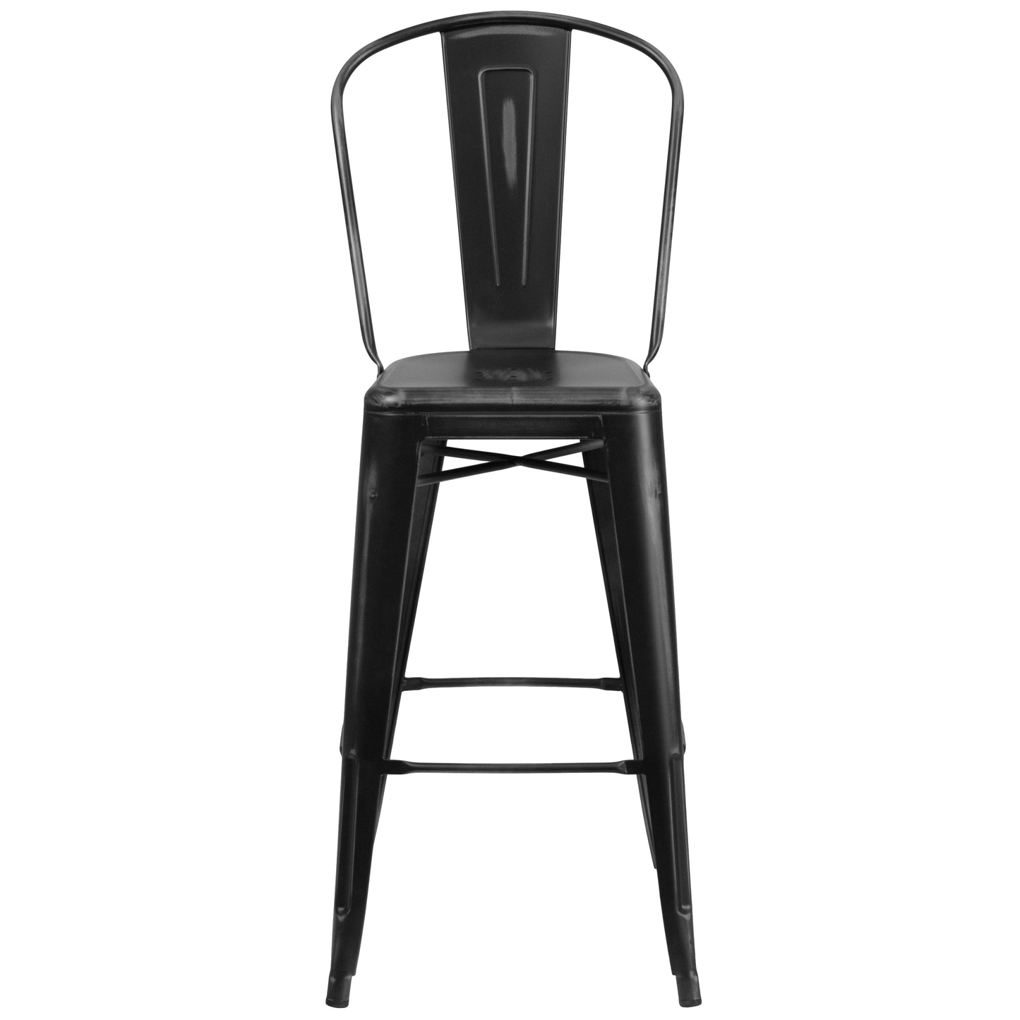 Cindy Commercial Grade 30" High Distressed Black Metal Indoor-Outdoor Barstool with Back Black