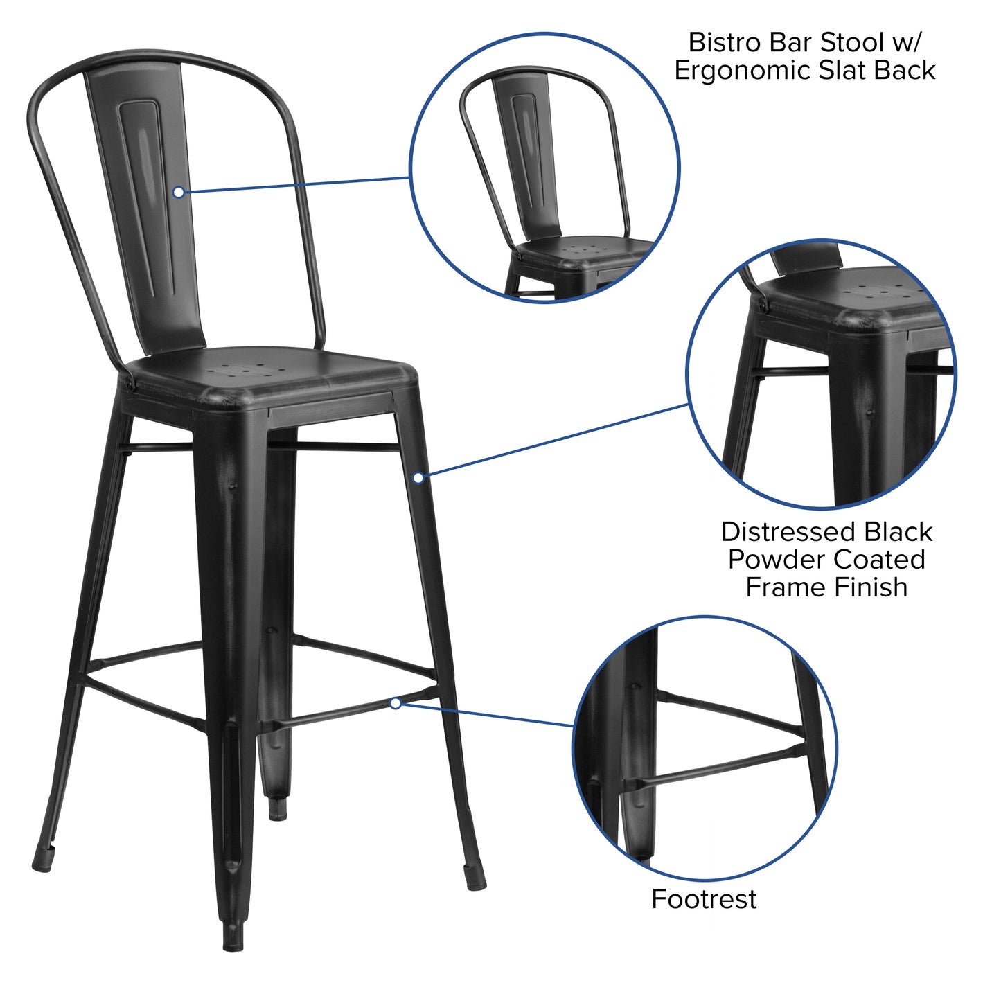 Cindy Commercial Grade 30" High Distressed Black Metal Indoor-Outdoor Barstool with Back Black