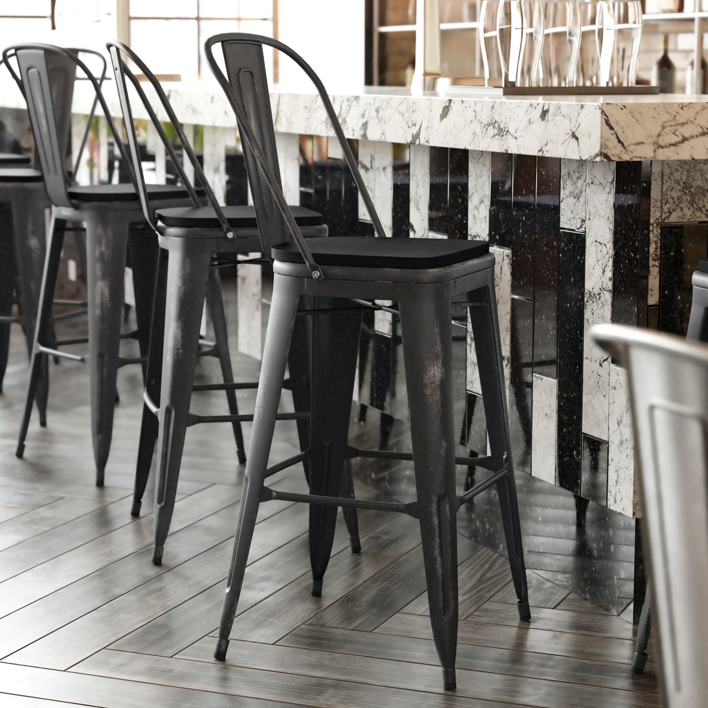 Carly Commercial Grade 30" High Black Metal Indoor-Outdoor Barstool with Back with Black Poly Resin Wood Seat Black Seat/Black Frame ET-3534-30-BK-PL1B-GG