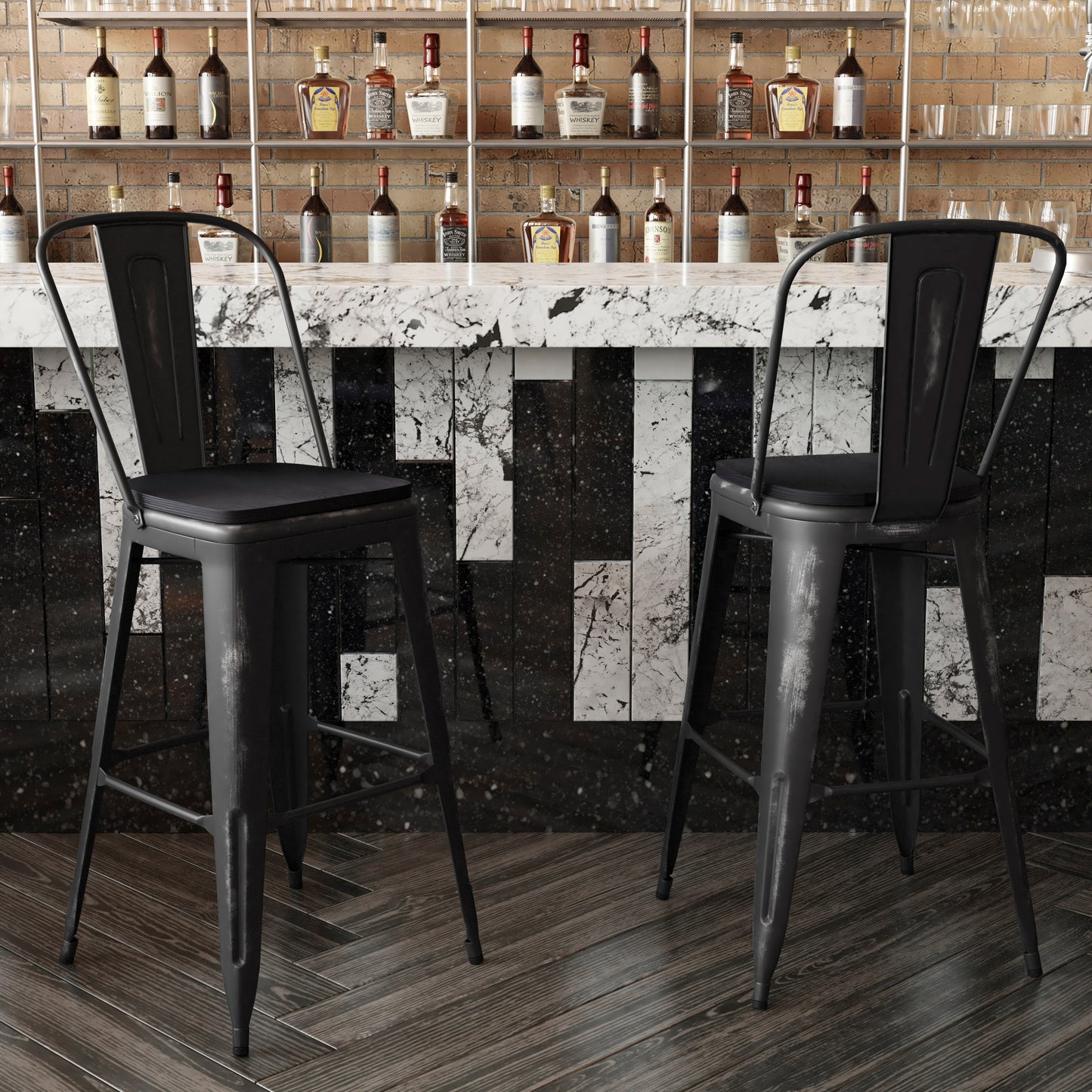 Carly Commercial Grade 30" High Black Metal Indoor-Outdoor Barstool with Back with Black Poly Resin Wood Seat Black Seat/Black Frame ET-3534-30-BK-PL1B-GG