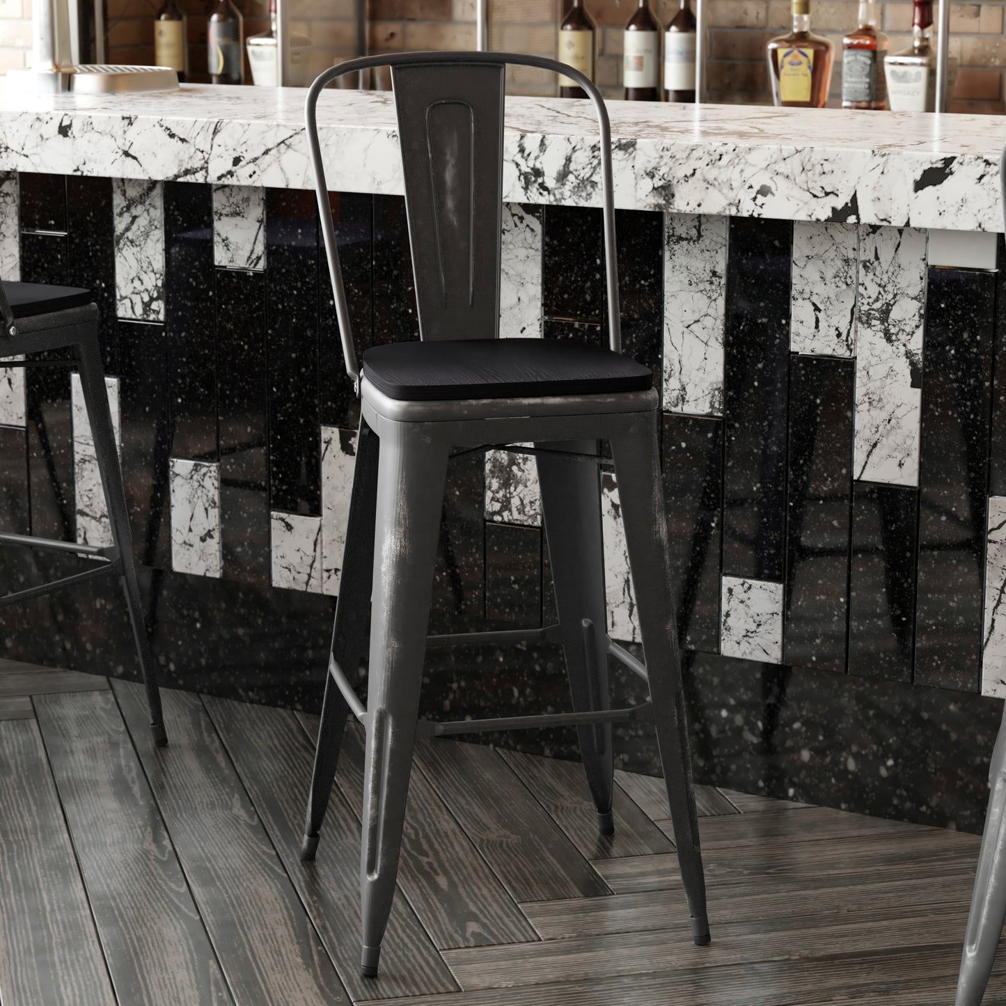 Carly Commercial Grade 30" High Black Metal Indoor-Outdoor Barstool with Back with Black Poly Resin Wood Seat Black Seat/Black Frame ET-3534-30-BK-PL1B-GG