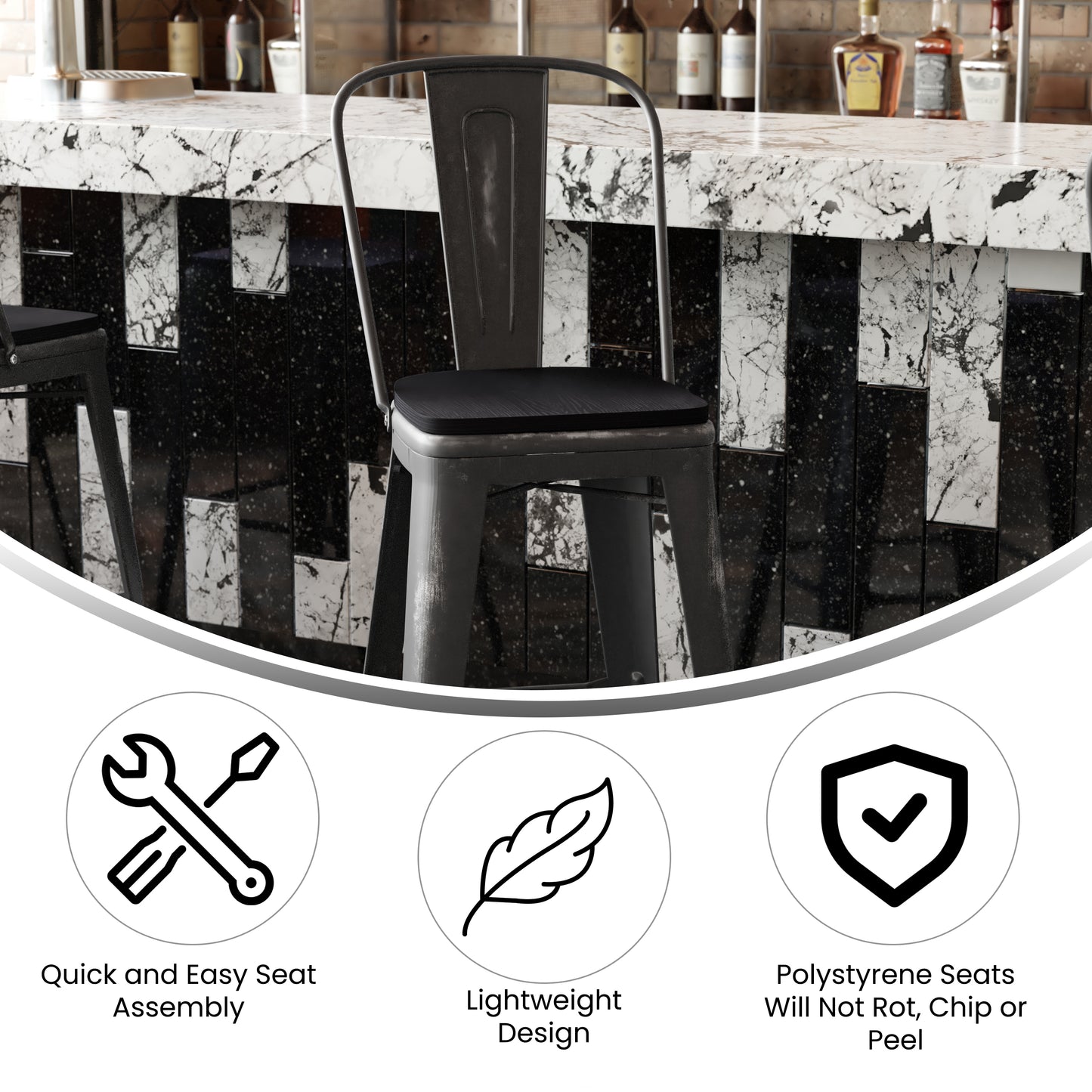 Carly Commercial Grade 30" High Black Metal Indoor-Outdoor Barstool with Back with Black Poly Resin Wood Seat Black Seat/Black Frame ET-3534-30-BK-PL1B-GG