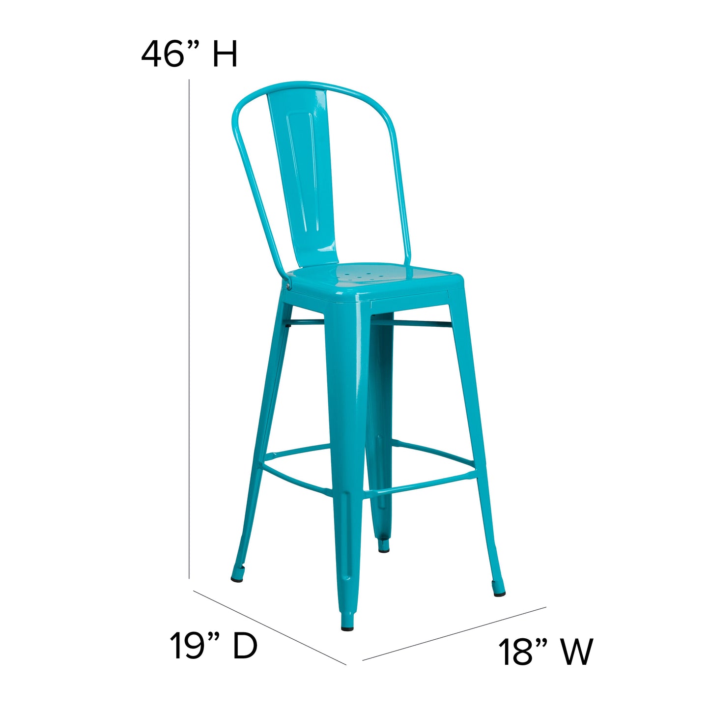 Cindy Commercial Grade 30" High Crystal Teal-Blue Metal Indoor-Outdoor Barstool with Back Crystal Teal-Blue