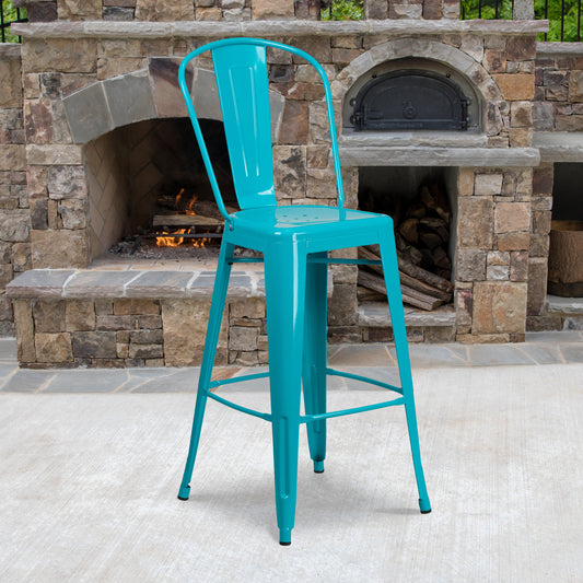 Cindy Commercial Grade 30" High Crystal Teal-Blue Metal Indoor-Outdoor Barstool with Back Crystal Teal-Blue