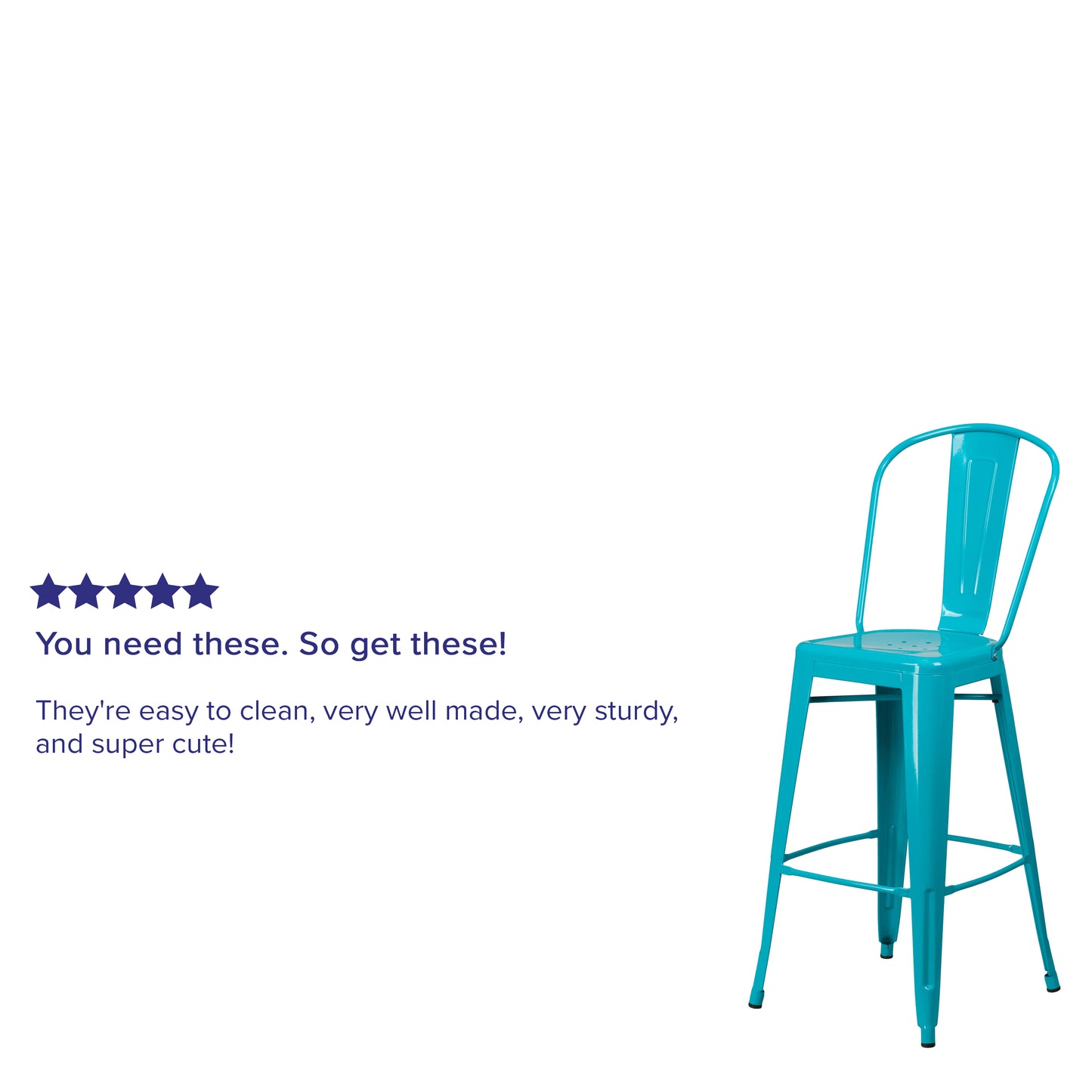 Cindy Commercial Grade 30" High Crystal Teal-Blue Metal Indoor-Outdoor Barstool with Back Crystal Teal-Blue