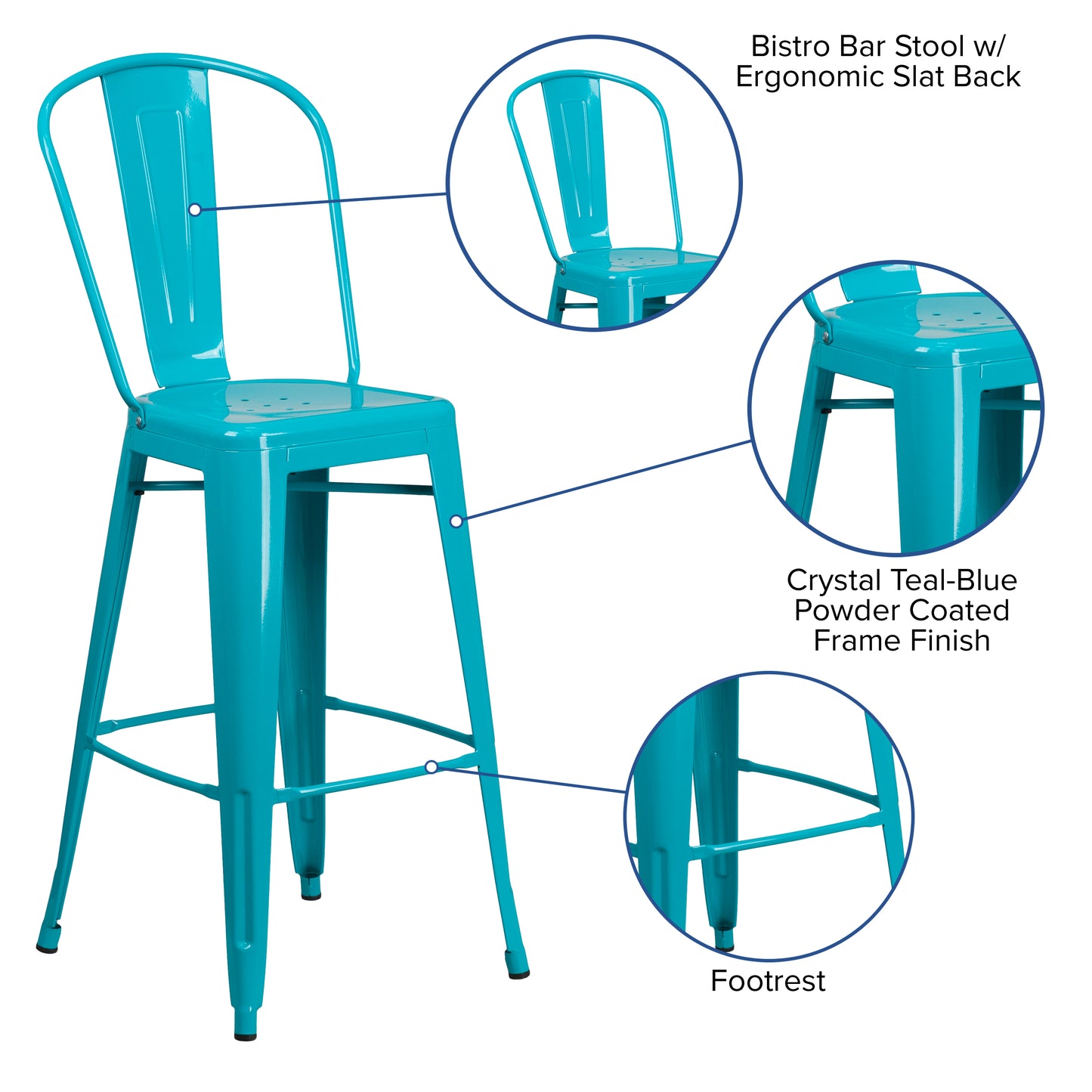 Cindy Commercial Grade 30" High Crystal Teal-Blue Metal Indoor-Outdoor Barstool with Back Crystal Teal-Blue