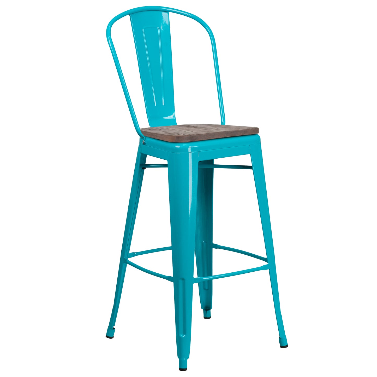 Cindy 30" High Crystal Teal-Blue Metal Barstool with Back and Wood Seat Crystal Teal-Blue