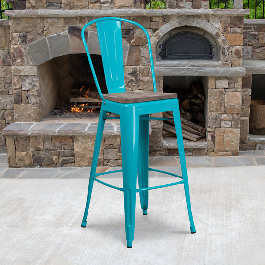 Cindy 30" High Crystal Teal-Blue Metal Barstool with Back and Wood Seat Crystal Teal-Blue