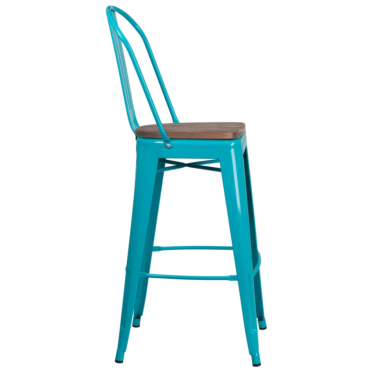 Cindy 30" High Crystal Teal-Blue Metal Barstool with Back and Wood Seat Crystal Teal-Blue