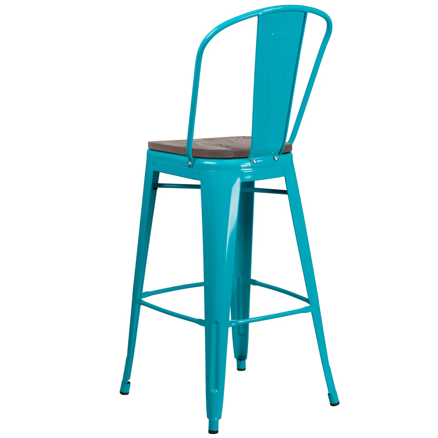 Cindy 30" High Crystal Teal-Blue Metal Barstool with Back and Wood Seat Crystal Teal-Blue