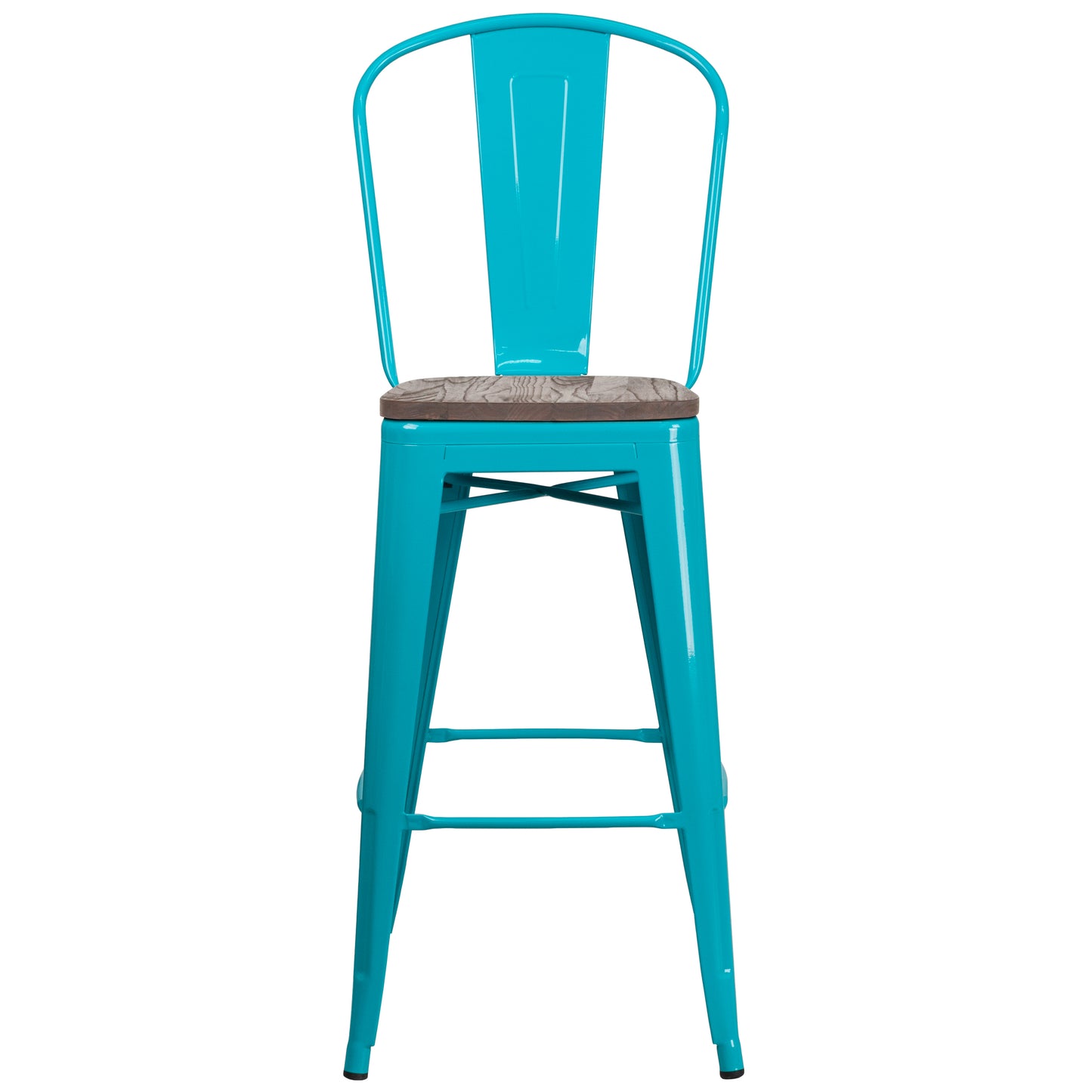 Cindy 30" High Crystal Teal-Blue Metal Barstool with Back and Wood Seat Crystal Teal-Blue
