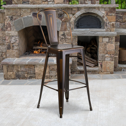 Cindy Commercial Grade 30" High Distressed Copper Metal Indoor-Outdoor Barstool with Back Copper