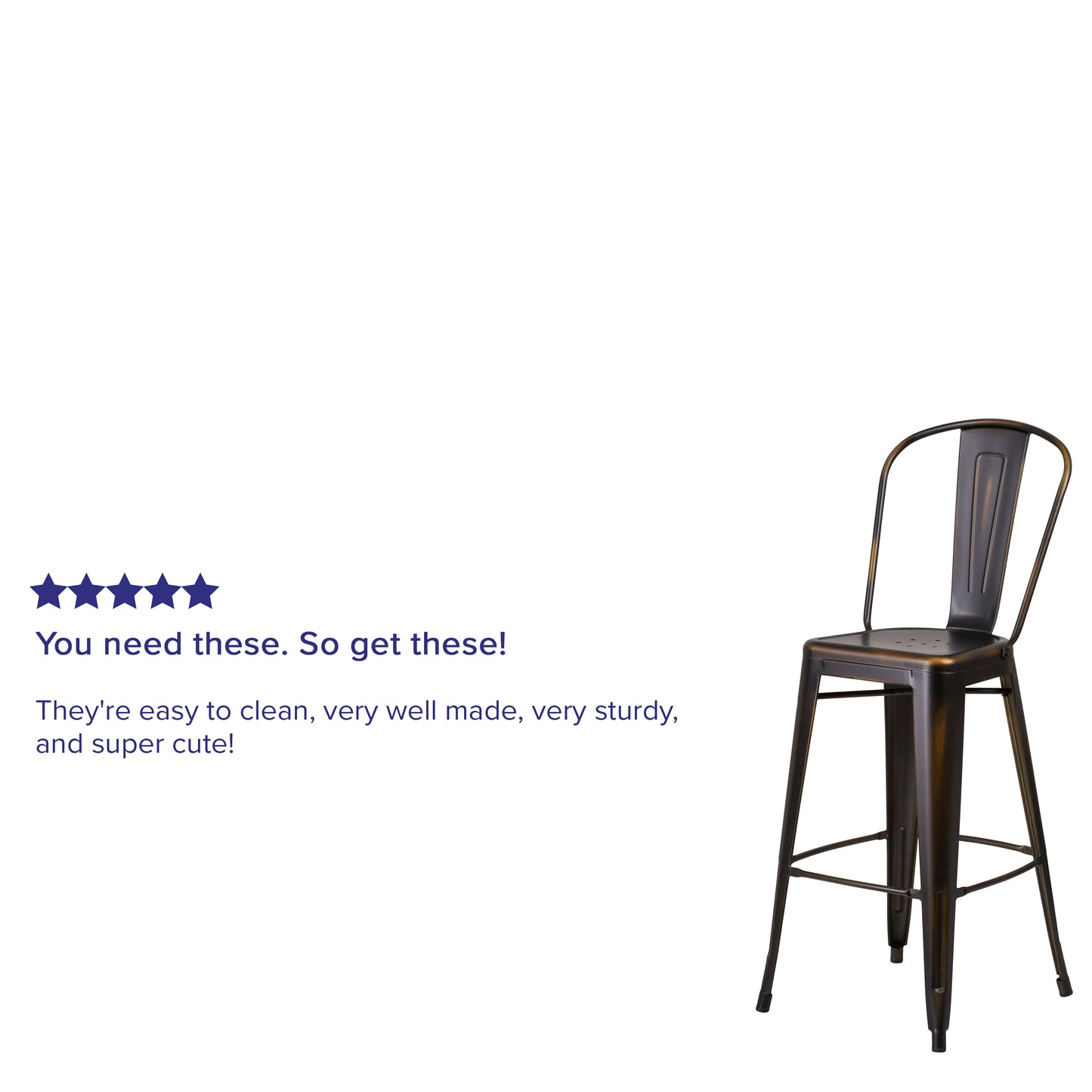 Cindy Commercial Grade 30" High Distressed Copper Metal Indoor-Outdoor Barstool with Back Copper