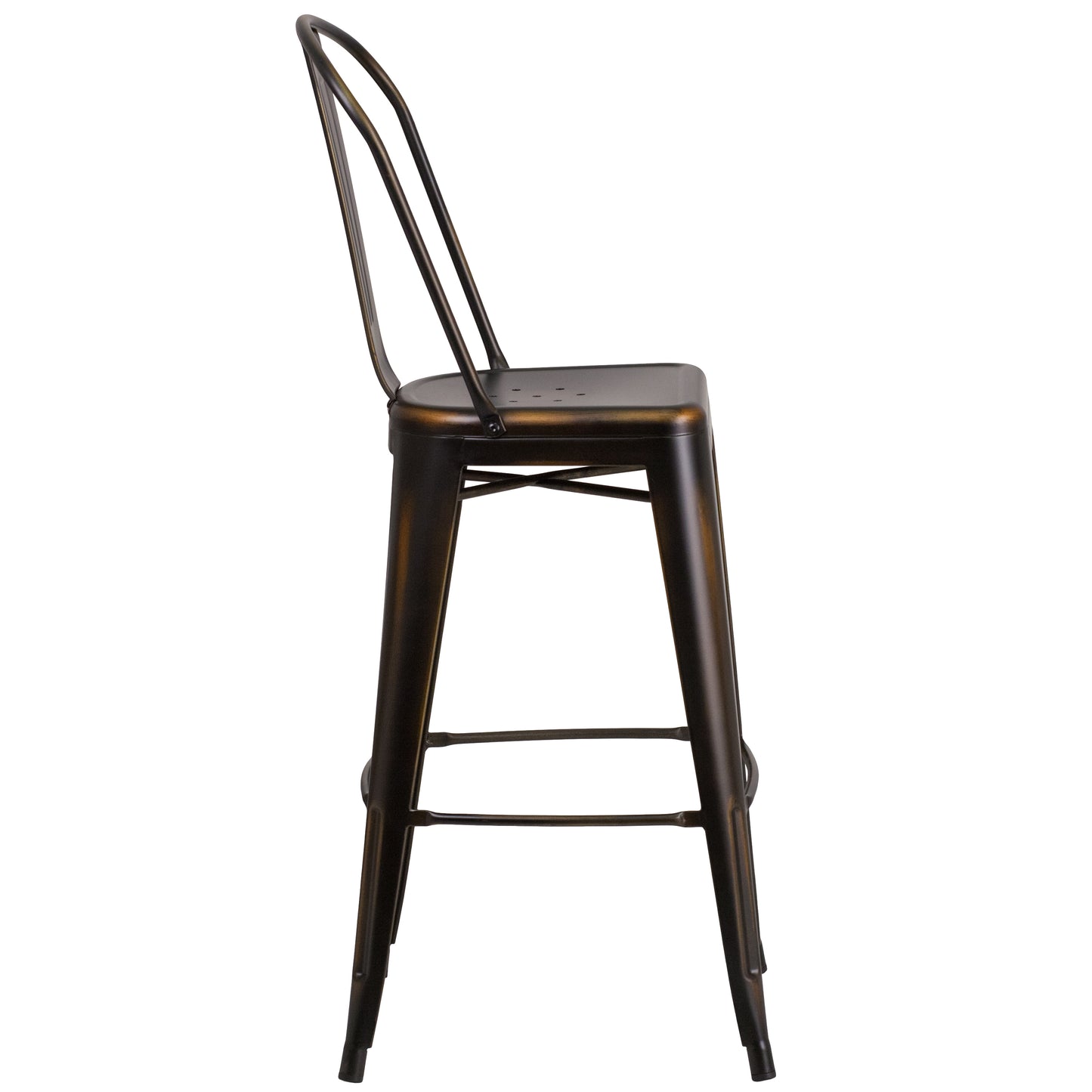 Cindy Commercial Grade 30" High Distressed Copper Metal Indoor-Outdoor Barstool with Back Copper