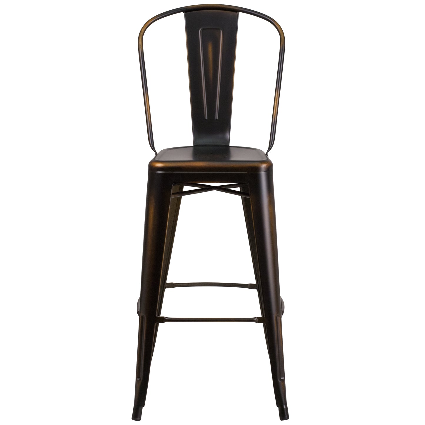 Cindy Commercial Grade 30" High Distressed Copper Metal Indoor-Outdoor Barstool with Back Copper