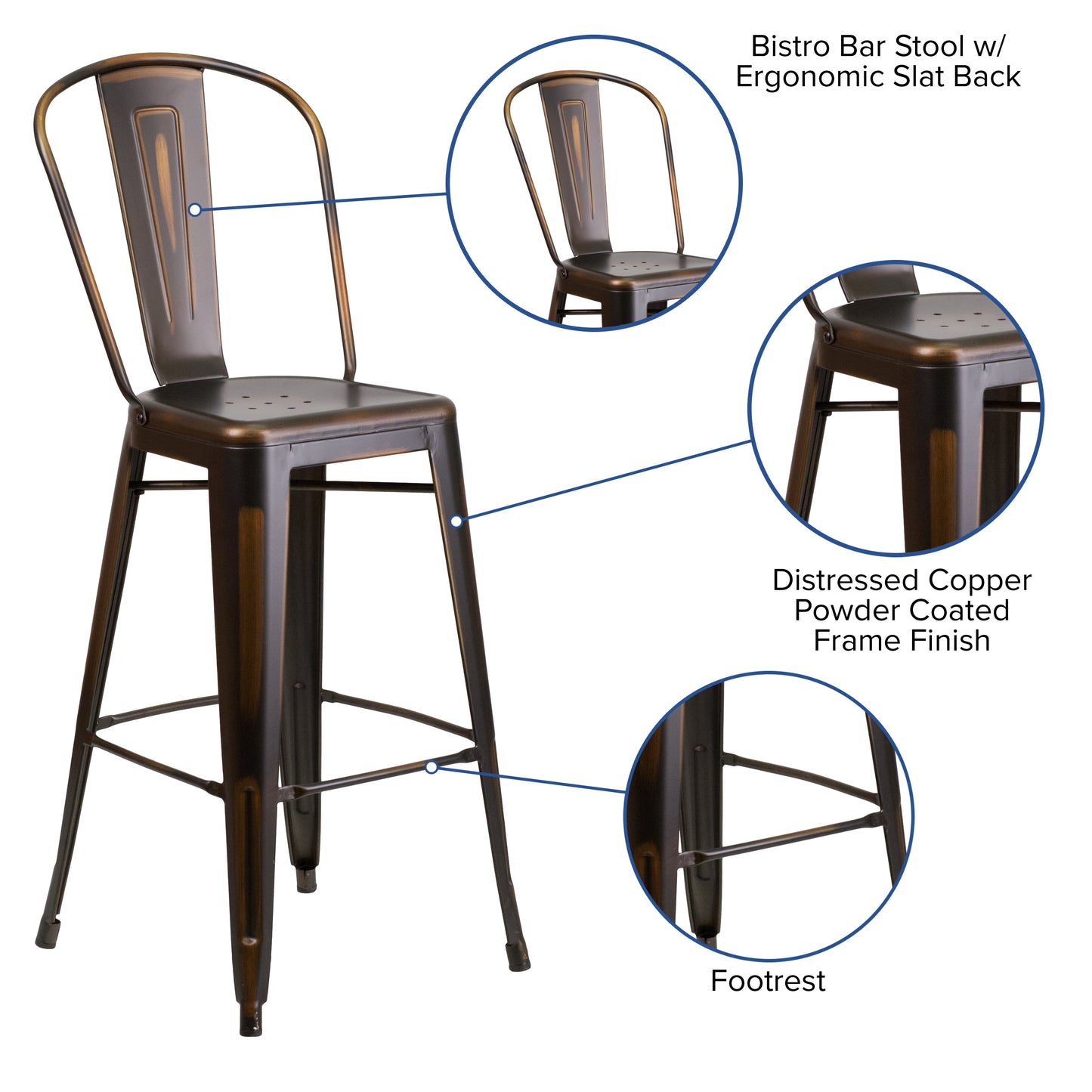 Cindy Commercial Grade 30" High Distressed Copper Metal Indoor-Outdoor Barstool with Back Copper
