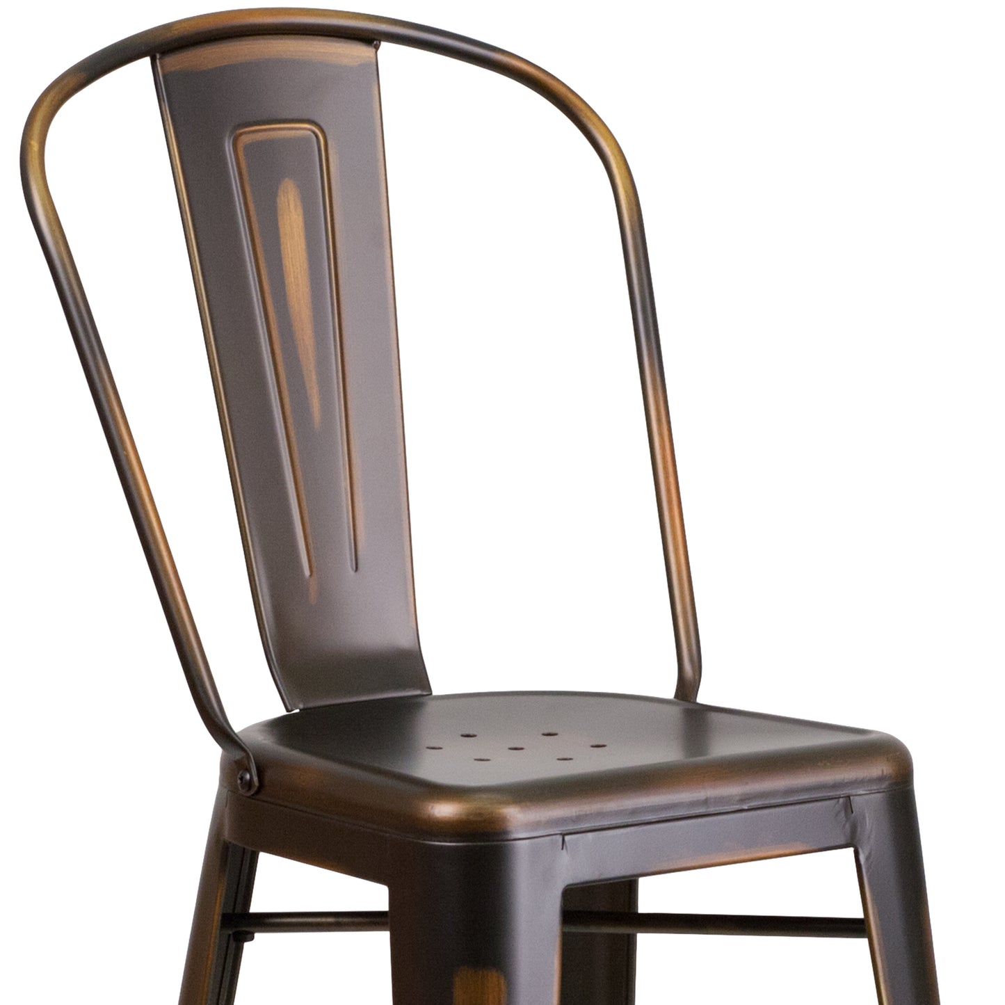Cindy Commercial Grade 30" High Distressed Copper Metal Indoor-Outdoor Barstool with Back Copper