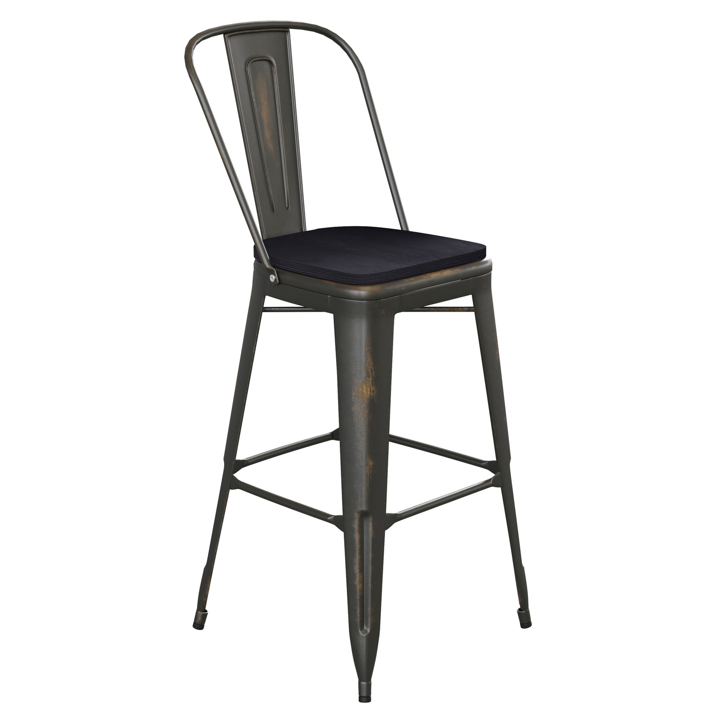 Carly Commercial Grade 30" High Copper Metal Indoor-Outdoor Barstool with Back with Black Poly Resin Wood Seat Black Seat/Copper Frame