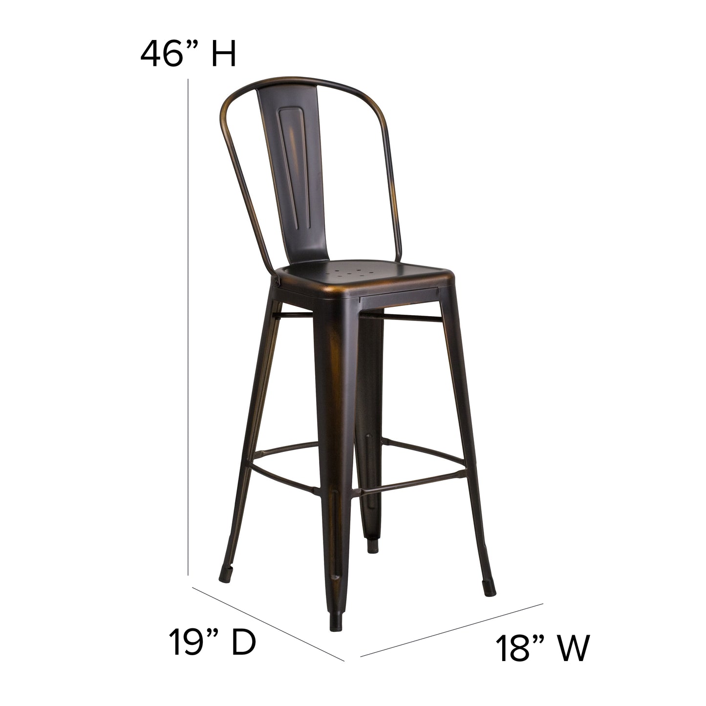 Carly Commercial Grade 30" High Copper Metal Indoor-Outdoor Barstool with Back with Black Poly Resin Wood Seat Black Seat/Copper Frame