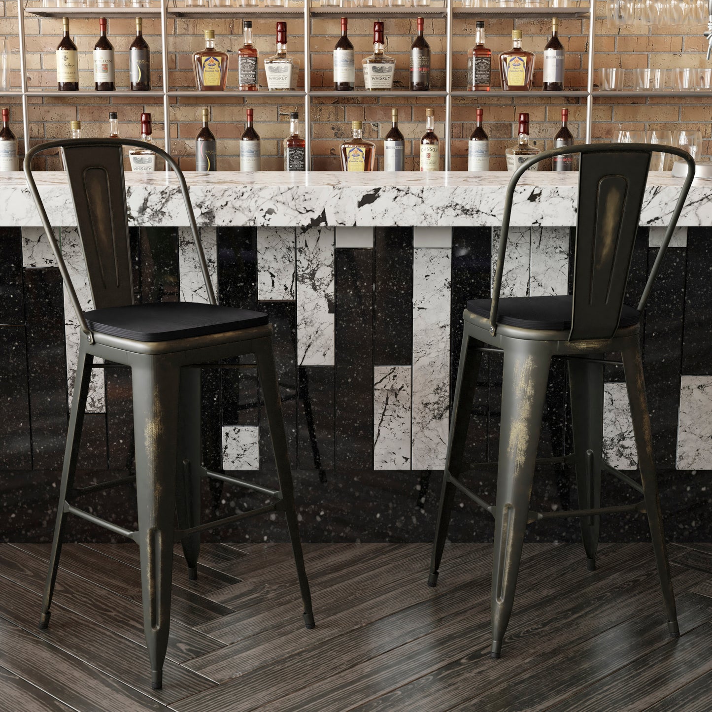 Carly Commercial Grade 30" High Copper Metal Indoor-Outdoor Barstool with Back with Black Poly Resin Wood Seat Black Seat/Copper Frame