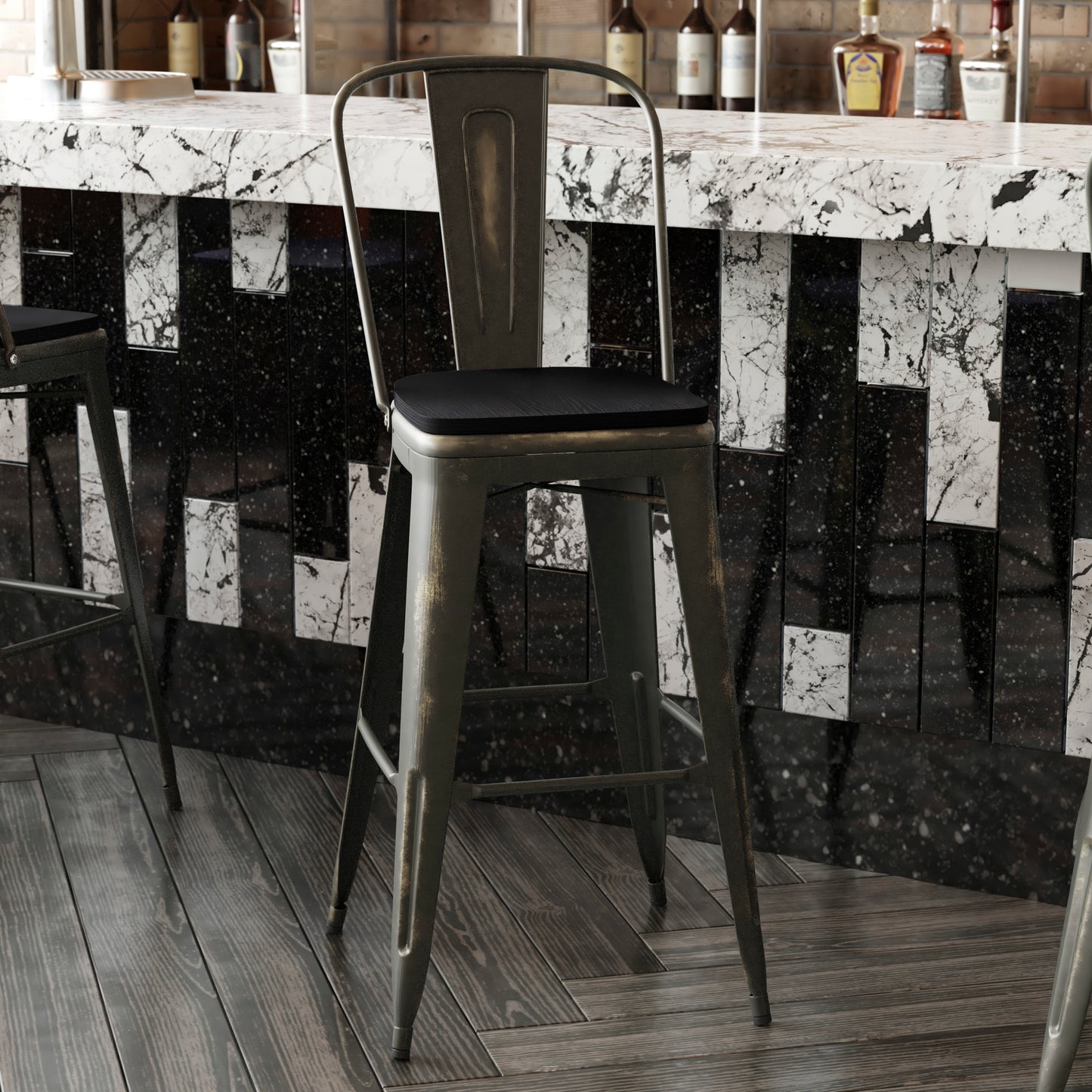 Carly Commercial Grade 30" High Copper Metal Indoor-Outdoor Barstool with Back with Black Poly Resin Wood Seat Black Seat/Copper Frame