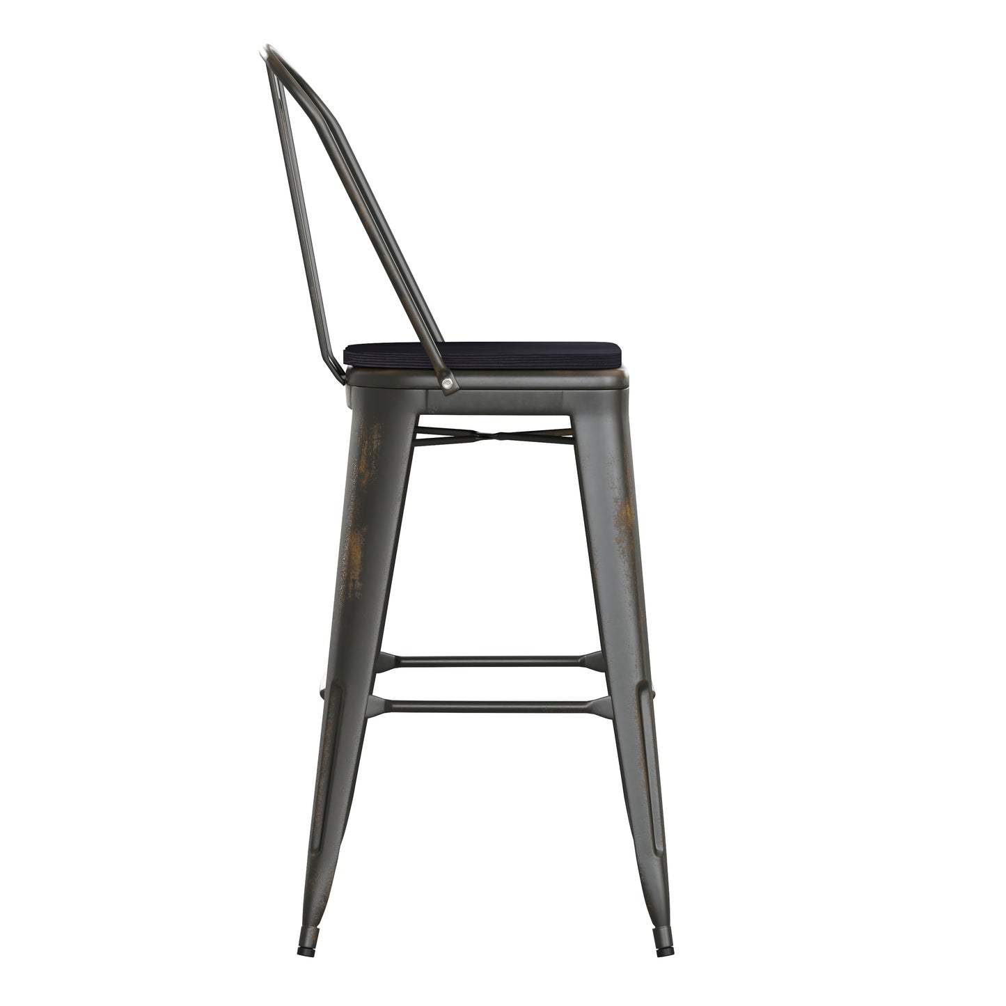 Carly Commercial Grade 30" High Copper Metal Indoor-Outdoor Barstool with Back with Black Poly Resin Wood Seat Black Seat/Copper Frame