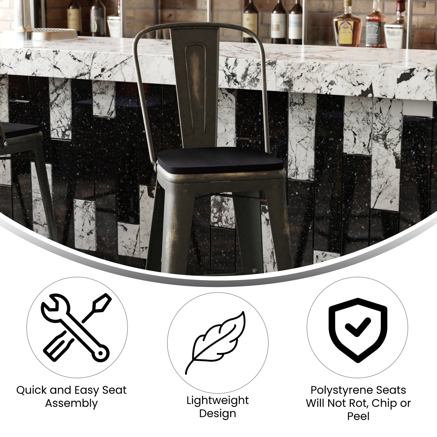 Carly Commercial Grade 30" High Copper Metal Indoor-Outdoor Barstool with Back with Black Poly Resin Wood Seat Black Seat/Copper Frame