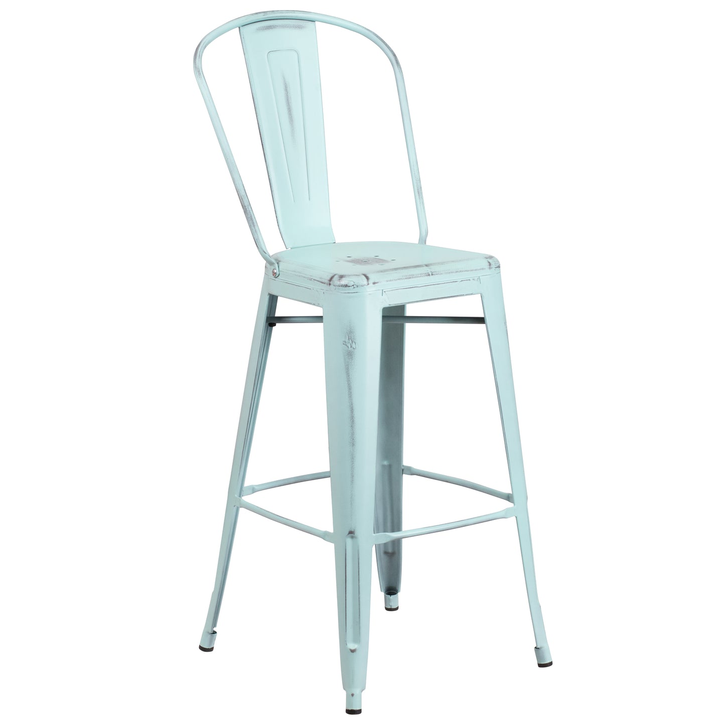 Cindy Commercial Grade 30" High Distressed Green-Blue Metal Indoor-Outdoor Barstool with Back Green-Blue