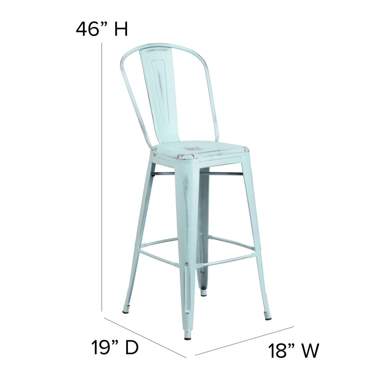 Cindy Commercial Grade 30" High Distressed Green-Blue Metal Indoor-Outdoor Barstool with Back Green-Blue