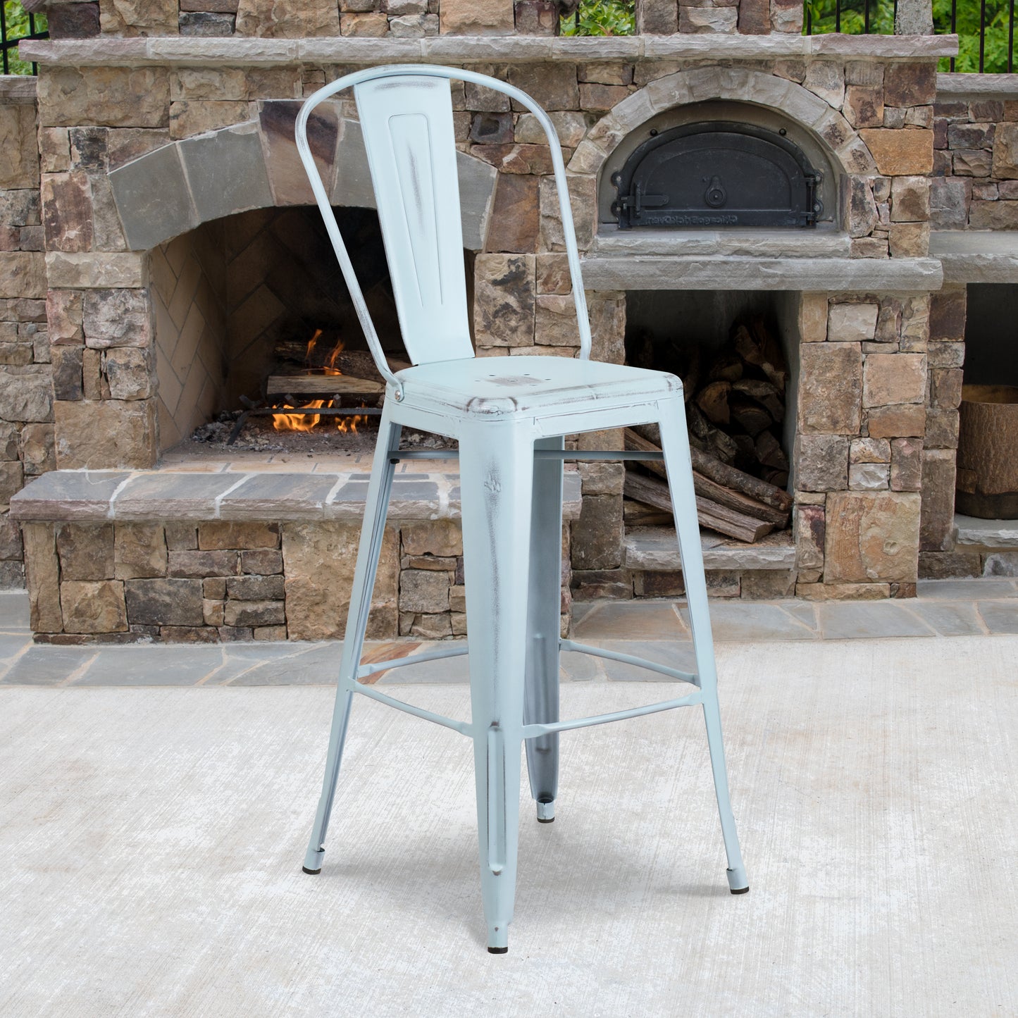 Cindy Commercial Grade 30" High Distressed Green-Blue Metal Indoor-Outdoor Barstool with Back Green-Blue