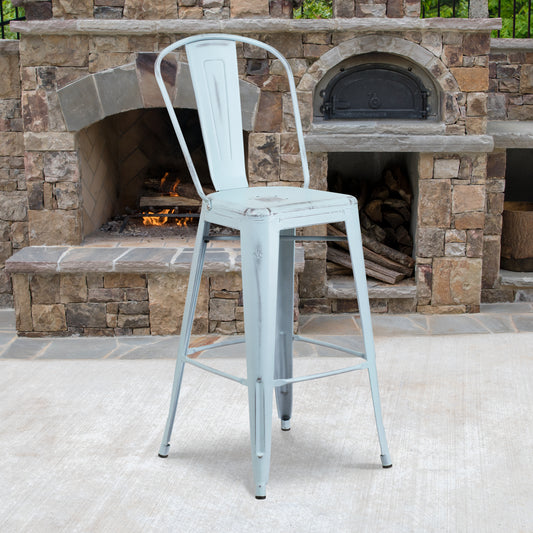 Cindy Commercial Grade 30" High Distressed Green-Blue Metal Indoor-Outdoor Barstool with Back Green-Blue