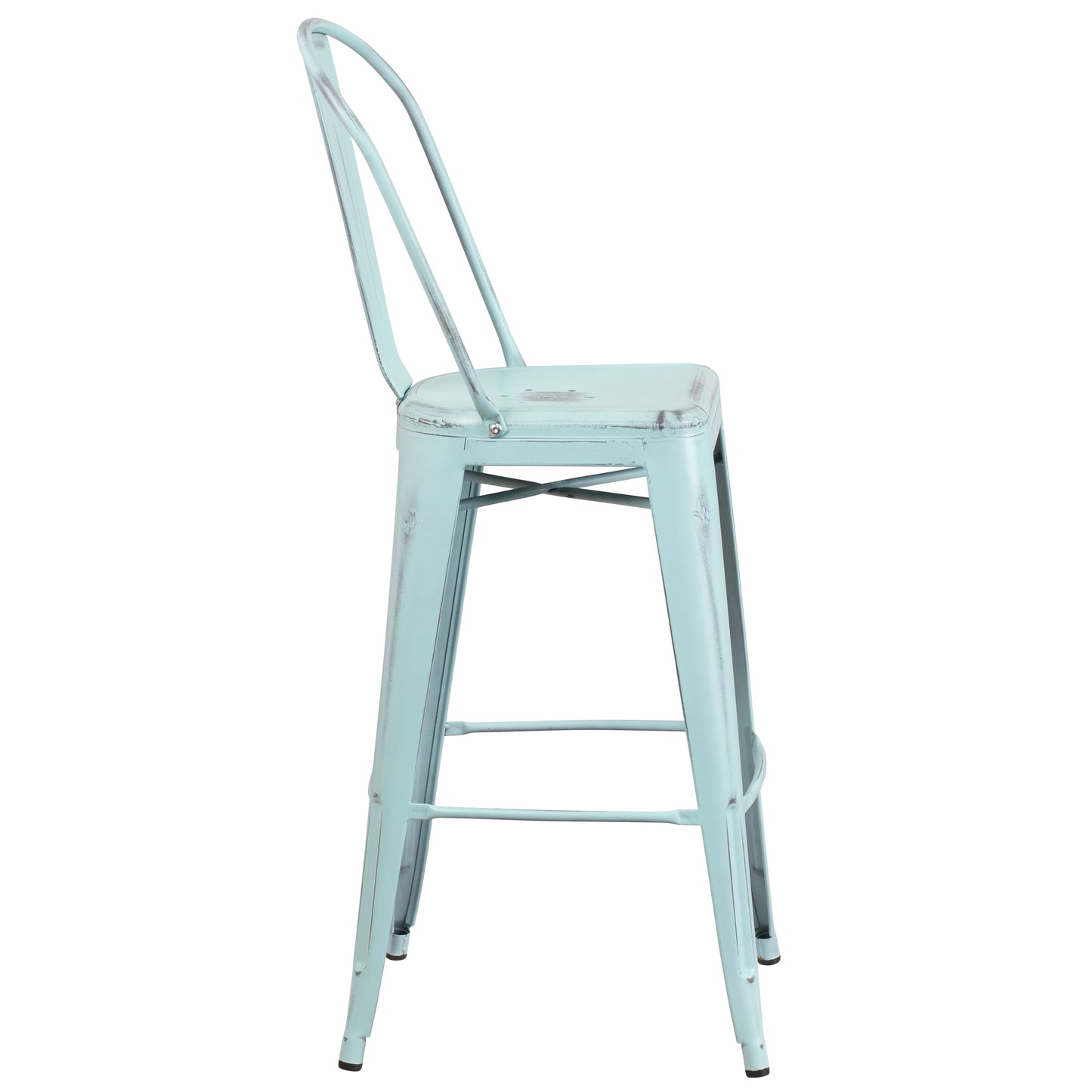 Cindy Commercial Grade 30" High Distressed Green-Blue Metal Indoor-Outdoor Barstool with Back Green-Blue