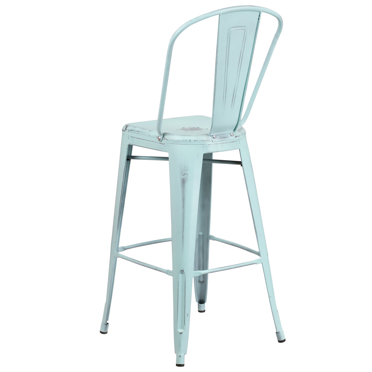 Cindy Commercial Grade 30" High Distressed Green-Blue Metal Indoor-Outdoor Barstool with Back Green-Blue
