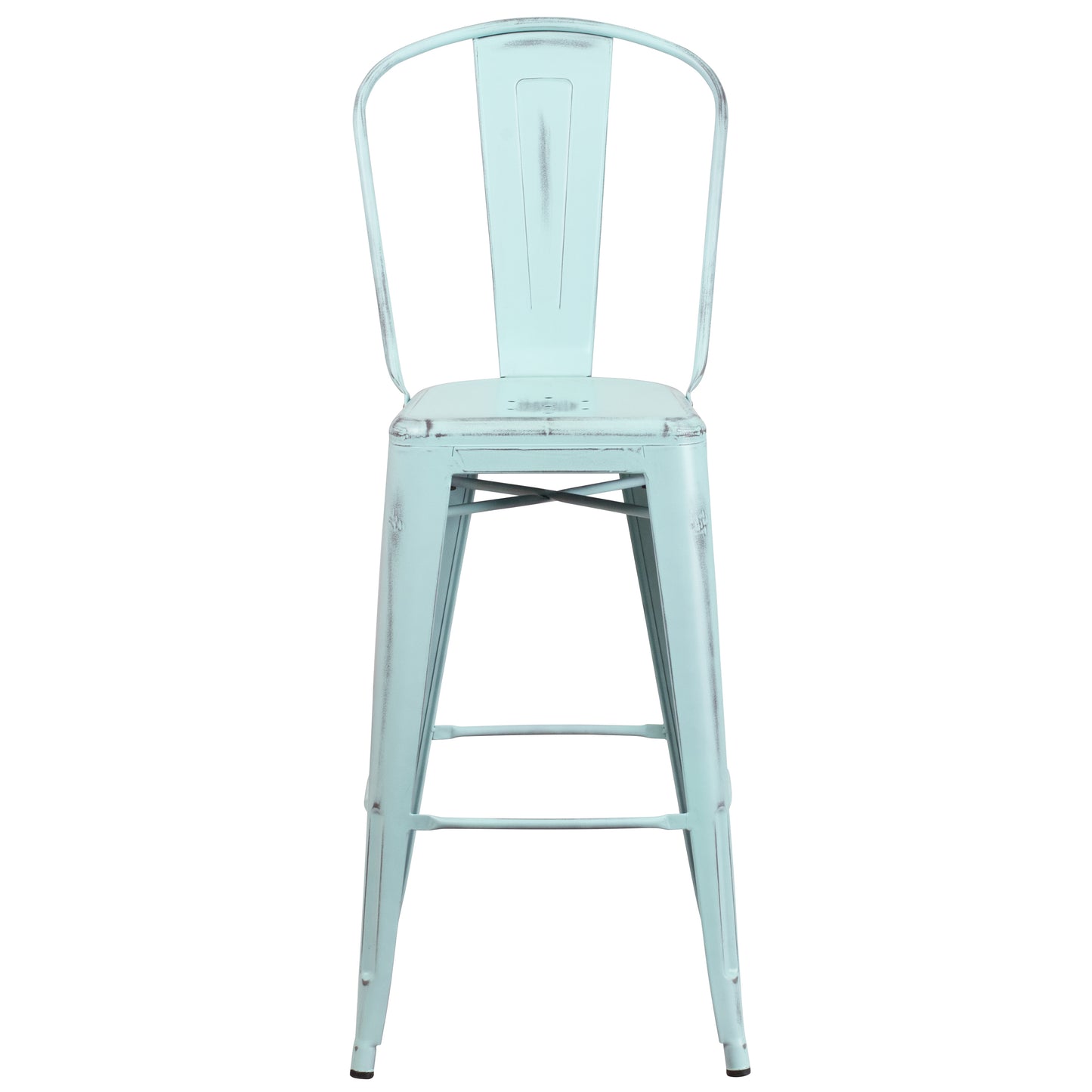 Cindy Commercial Grade 30" High Distressed Green-Blue Metal Indoor-Outdoor Barstool with Back Green-Blue