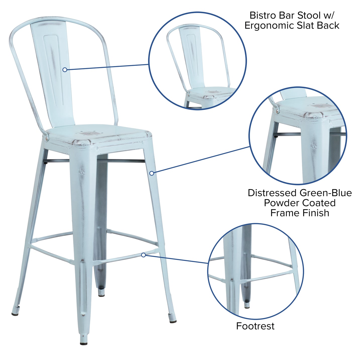 Cindy Commercial Grade 30" High Distressed Green-Blue Metal Indoor-Outdoor Barstool with Back Green-Blue