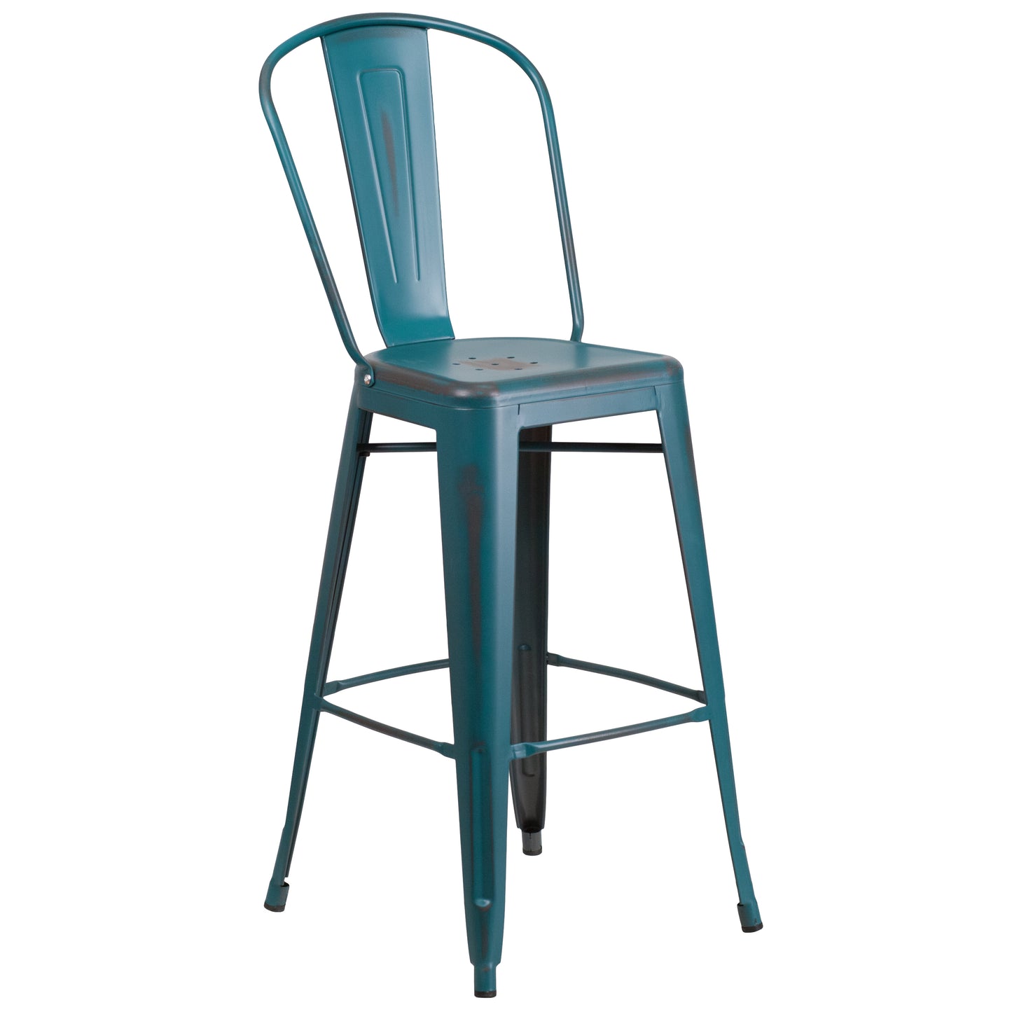 Cindy Commercial Grade 30" High Distressed Kelly Blue-Teal Metal Indoor-Outdoor Barstool with Back Kelly Blue-Teal