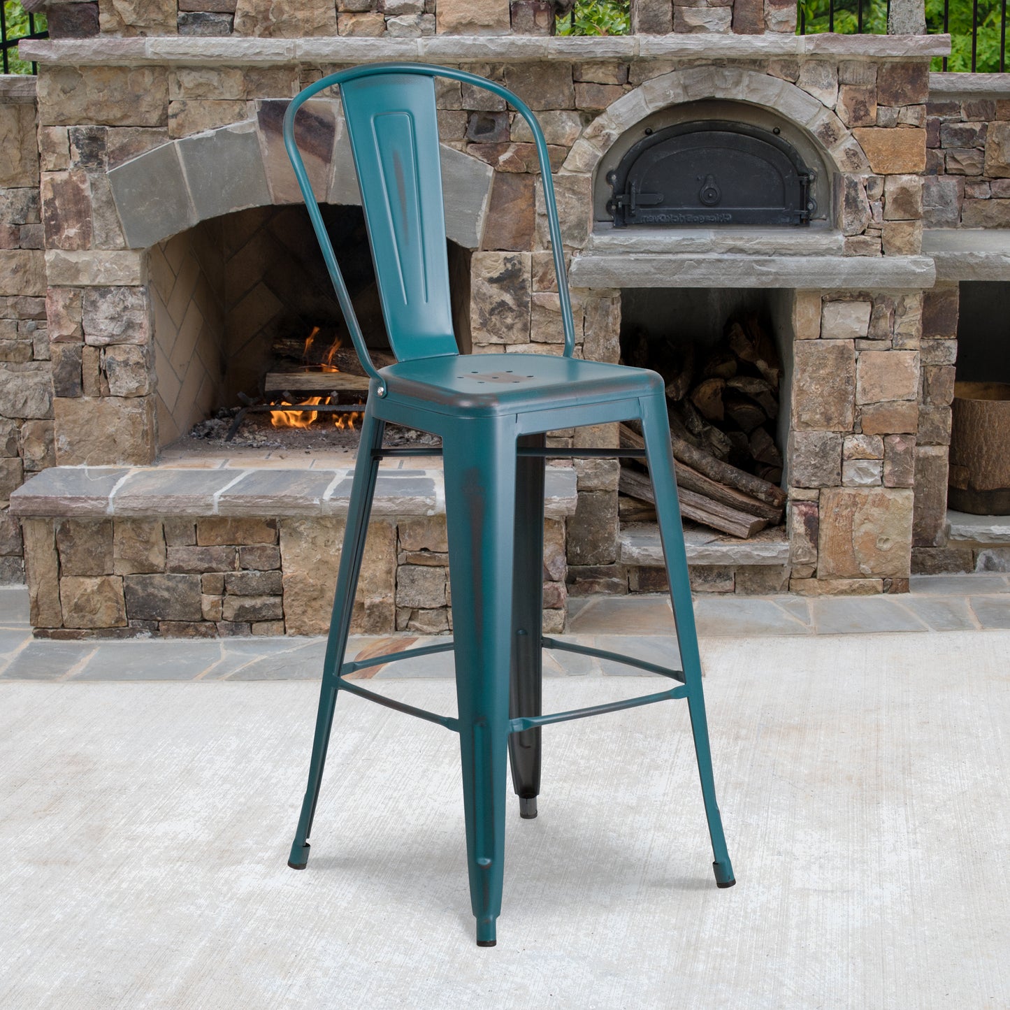 Cindy Commercial Grade 30" High Distressed Kelly Blue-Teal Metal Indoor-Outdoor Barstool with Back Kelly Blue-Teal