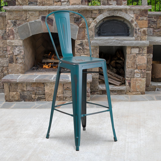 Cindy Commercial Grade 30" High Distressed Kelly Blue-Teal Metal Indoor-Outdoor Barstool with Back Kelly Blue-Teal