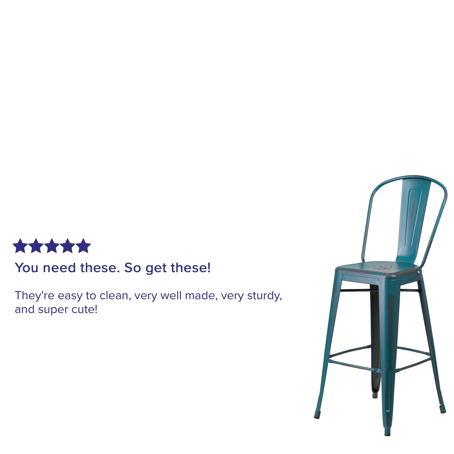 Cindy Commercial Grade 30" High Distressed Kelly Blue-Teal Metal Indoor-Outdoor Barstool with Back Kelly Blue-Teal