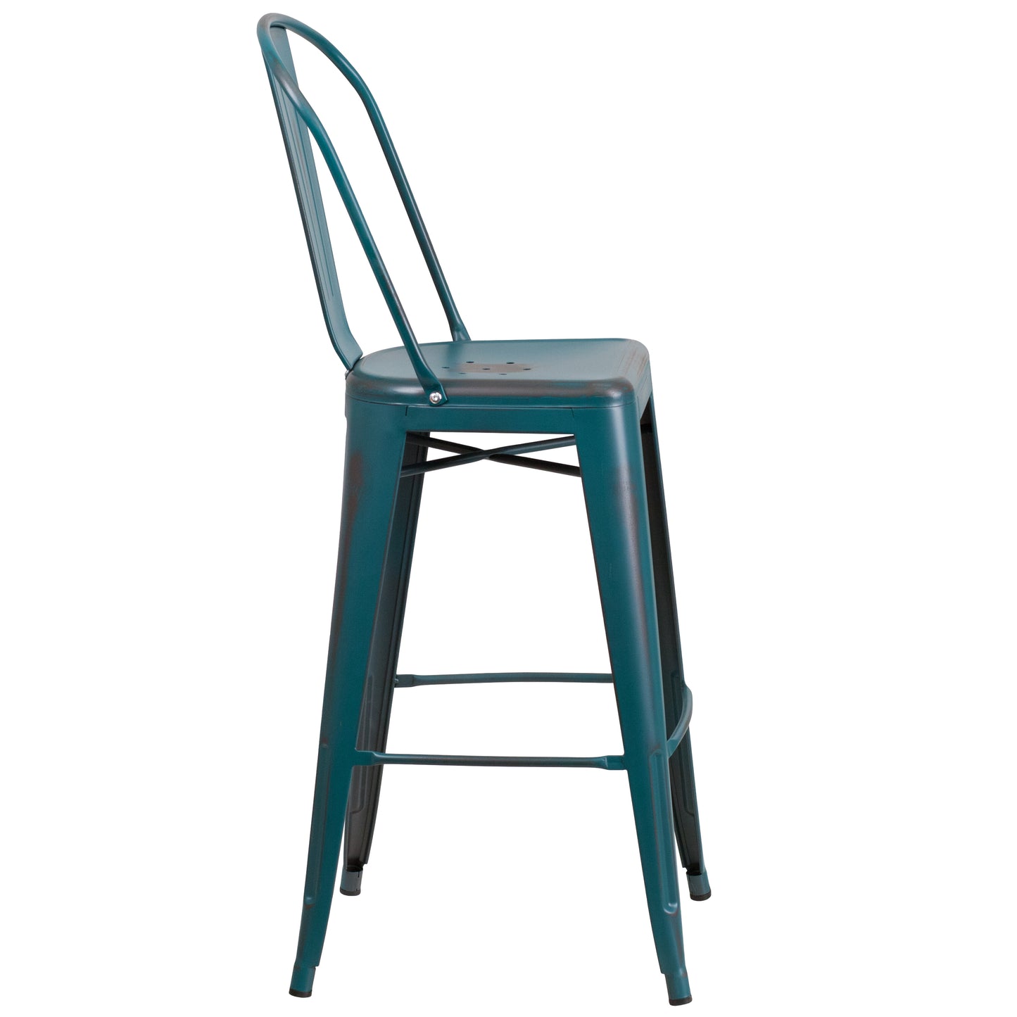 Cindy Commercial Grade 30" High Distressed Kelly Blue-Teal Metal Indoor-Outdoor Barstool with Back Kelly Blue-Teal