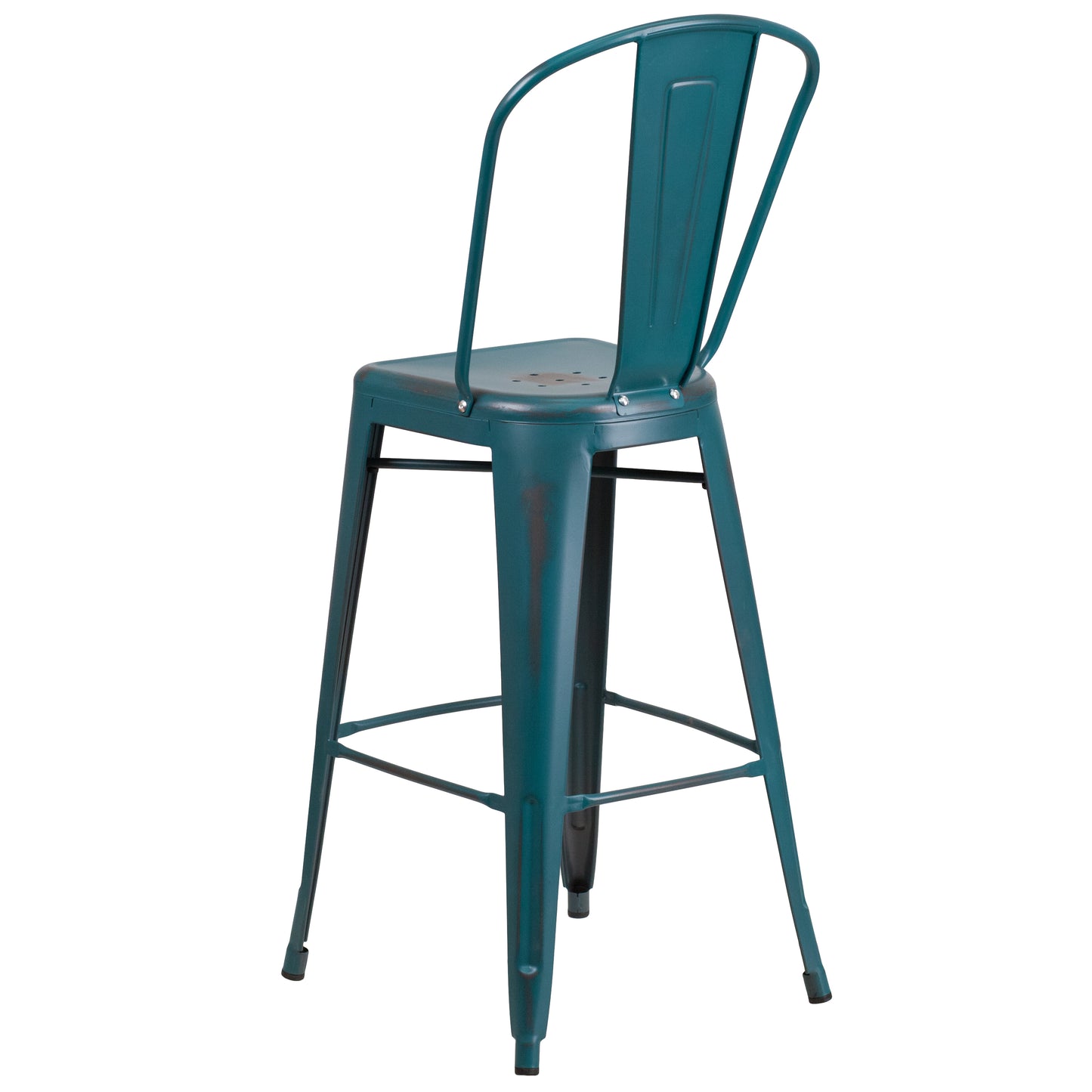 Cindy Commercial Grade 30" High Distressed Kelly Blue-Teal Metal Indoor-Outdoor Barstool with Back Kelly Blue-Teal
