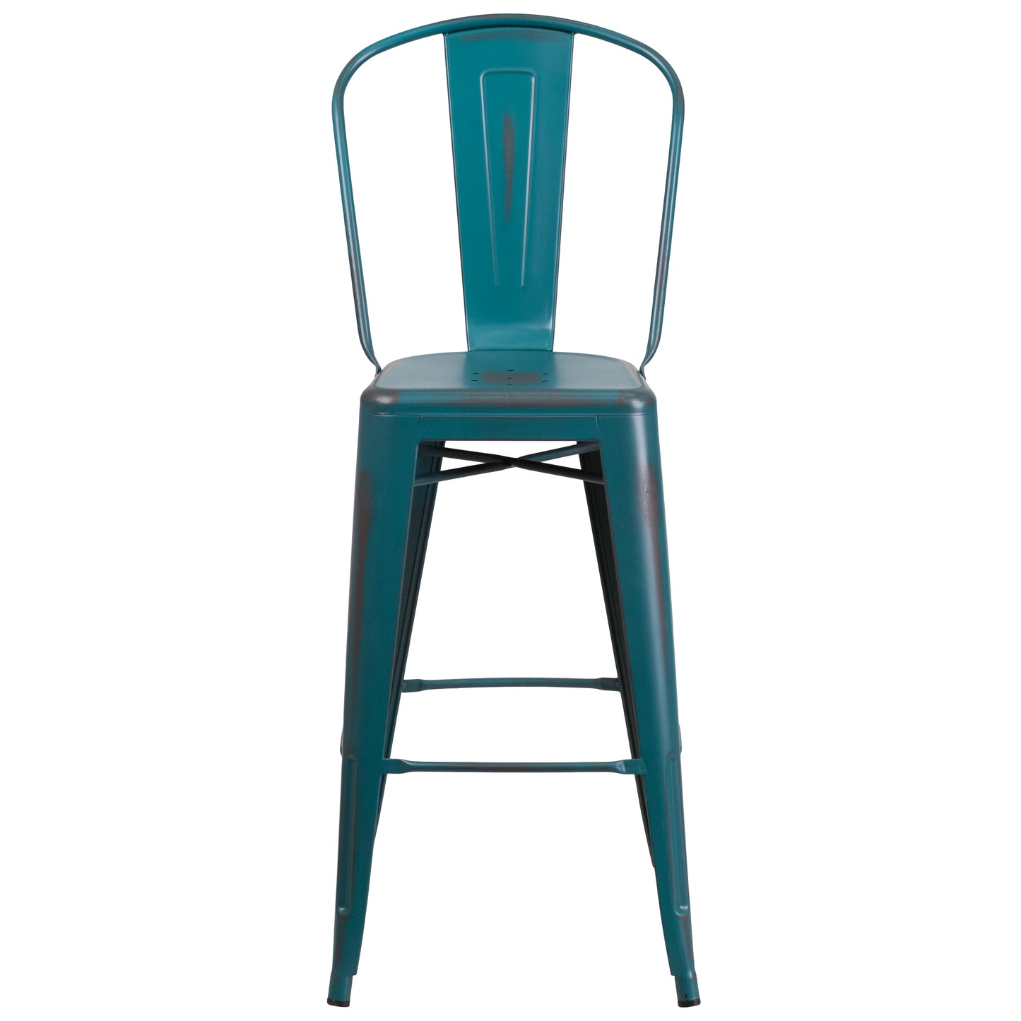 Cindy Commercial Grade 30" High Distressed Kelly Blue-Teal Metal Indoor-Outdoor Barstool with Back Kelly Blue-Teal