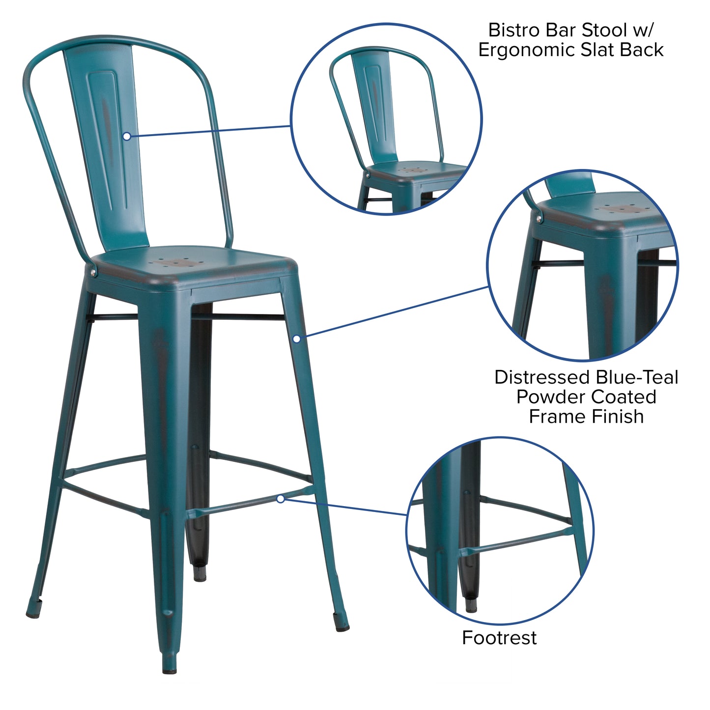 Cindy Commercial Grade 30" High Distressed Kelly Blue-Teal Metal Indoor-Outdoor Barstool with Back Kelly Blue-Teal
